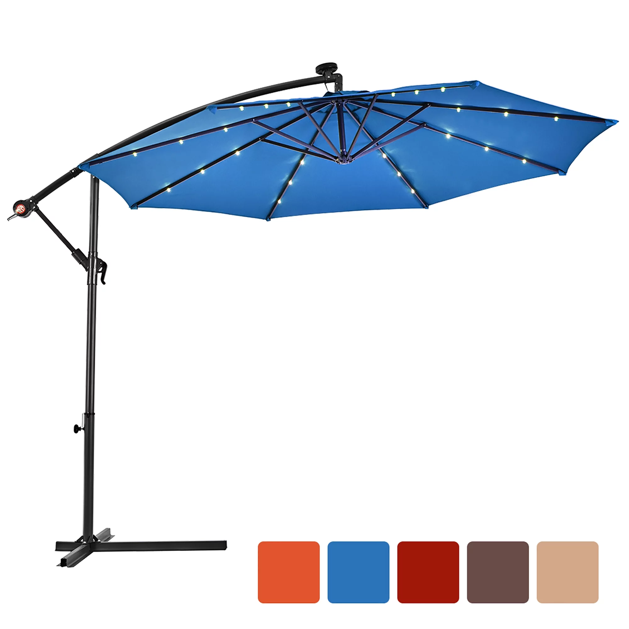 Costway 10' Hanging Solar LED Umbrella Patio Sun Shade Offset Market W/Base Tan - Cheap Fitting