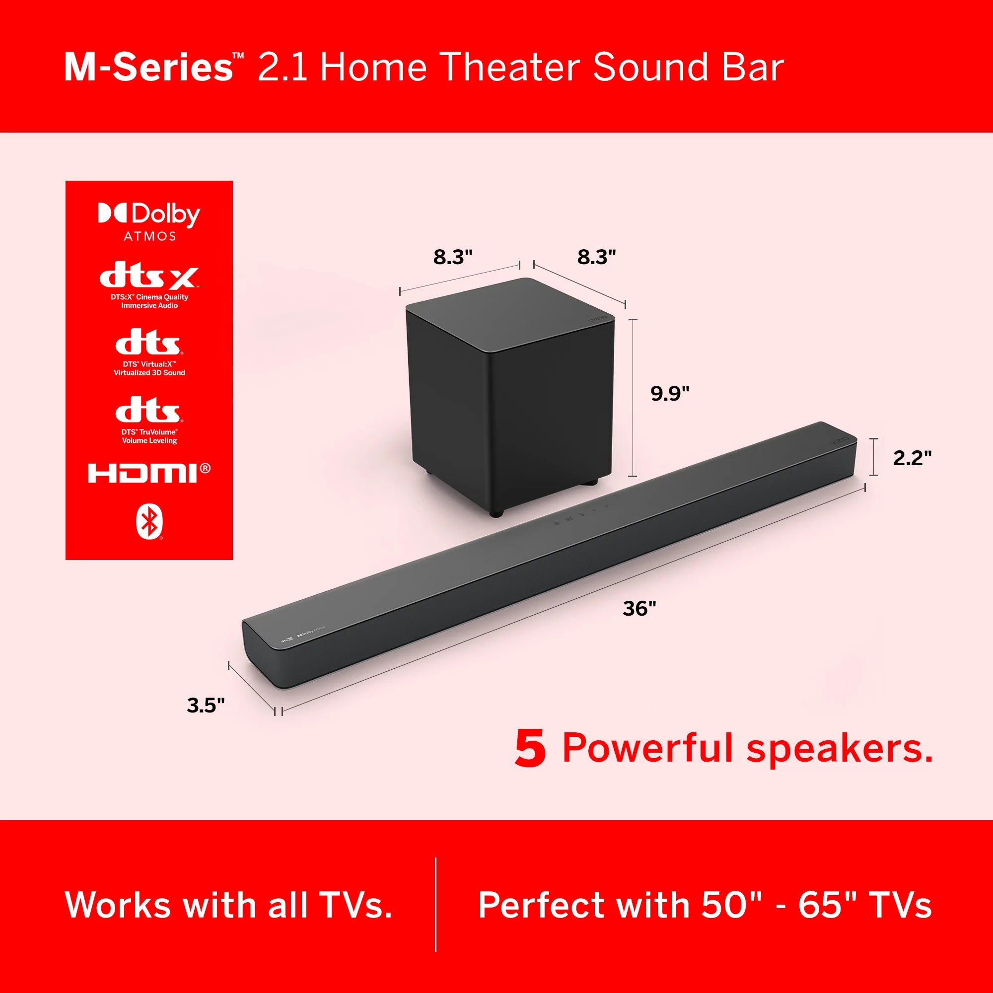 VIZIO M-Series 2.1 Premium Sound Bar with Dolby Atmos, DTS:X, Wireless Subwoofer M215a-J6 - Cheap Fitting