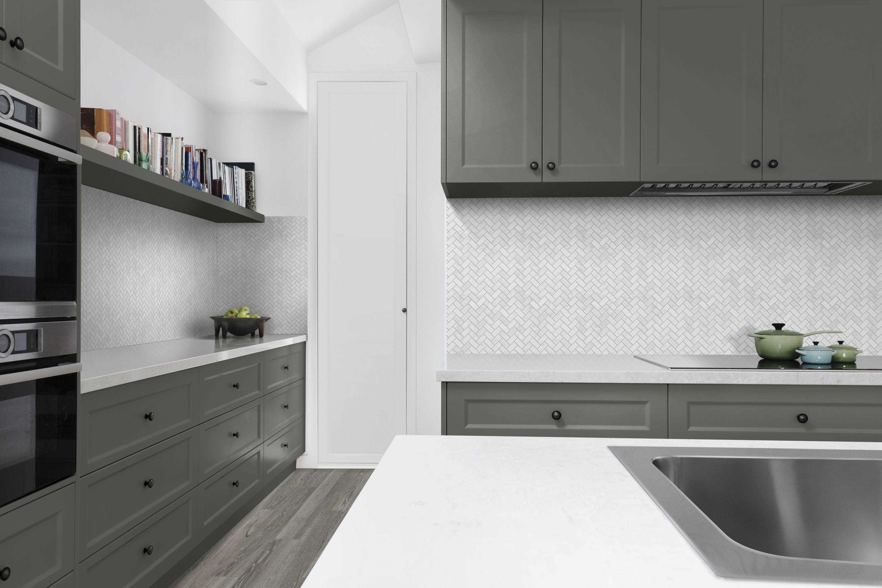 Satori 12 x 12 Bianco Polished Natural Stone Marble Herringbone Marble Look Wall Tile 1001-0178-0 - Cheap Fitting