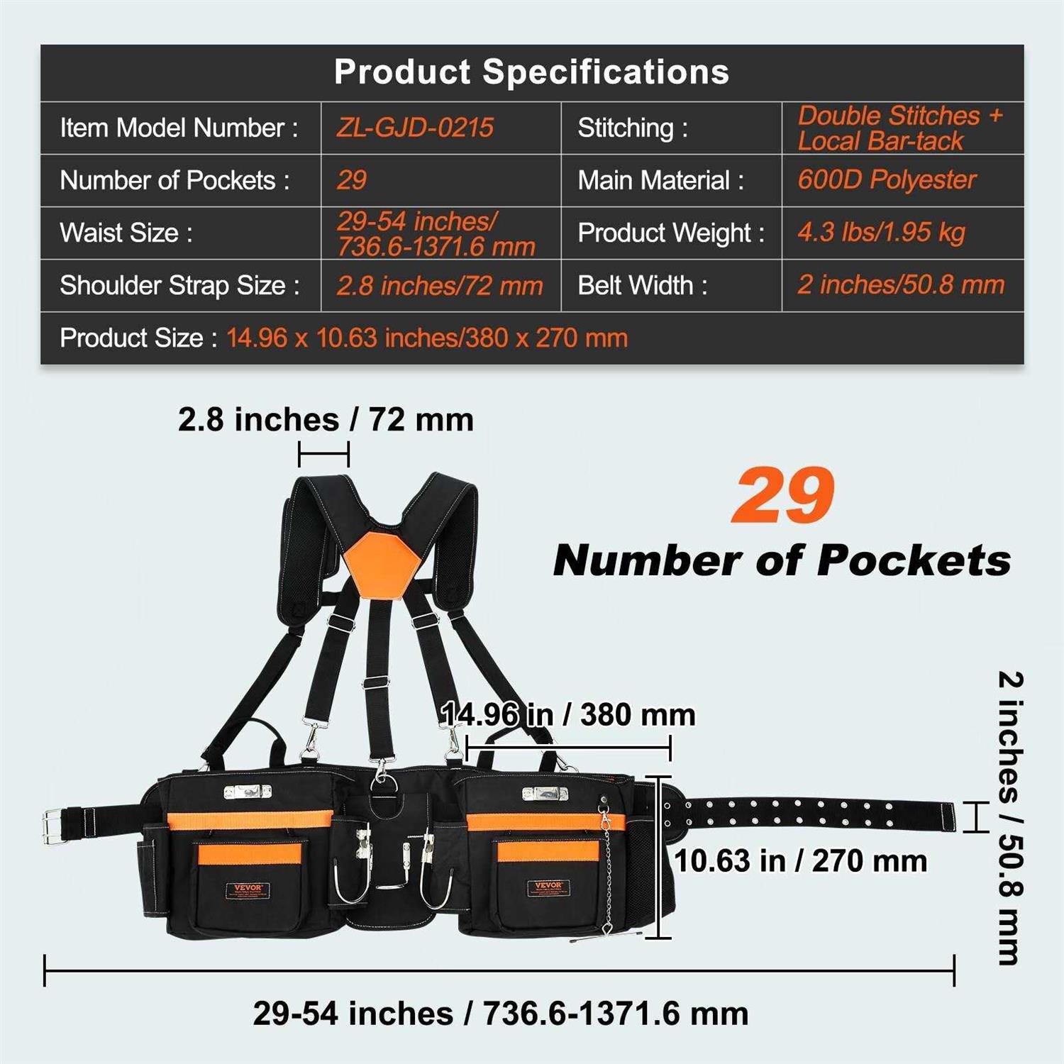 VEVOR Tool Belt with Suspenders 29 Pockets 29-54 inches Adjustable Waist - Cheap Fitting