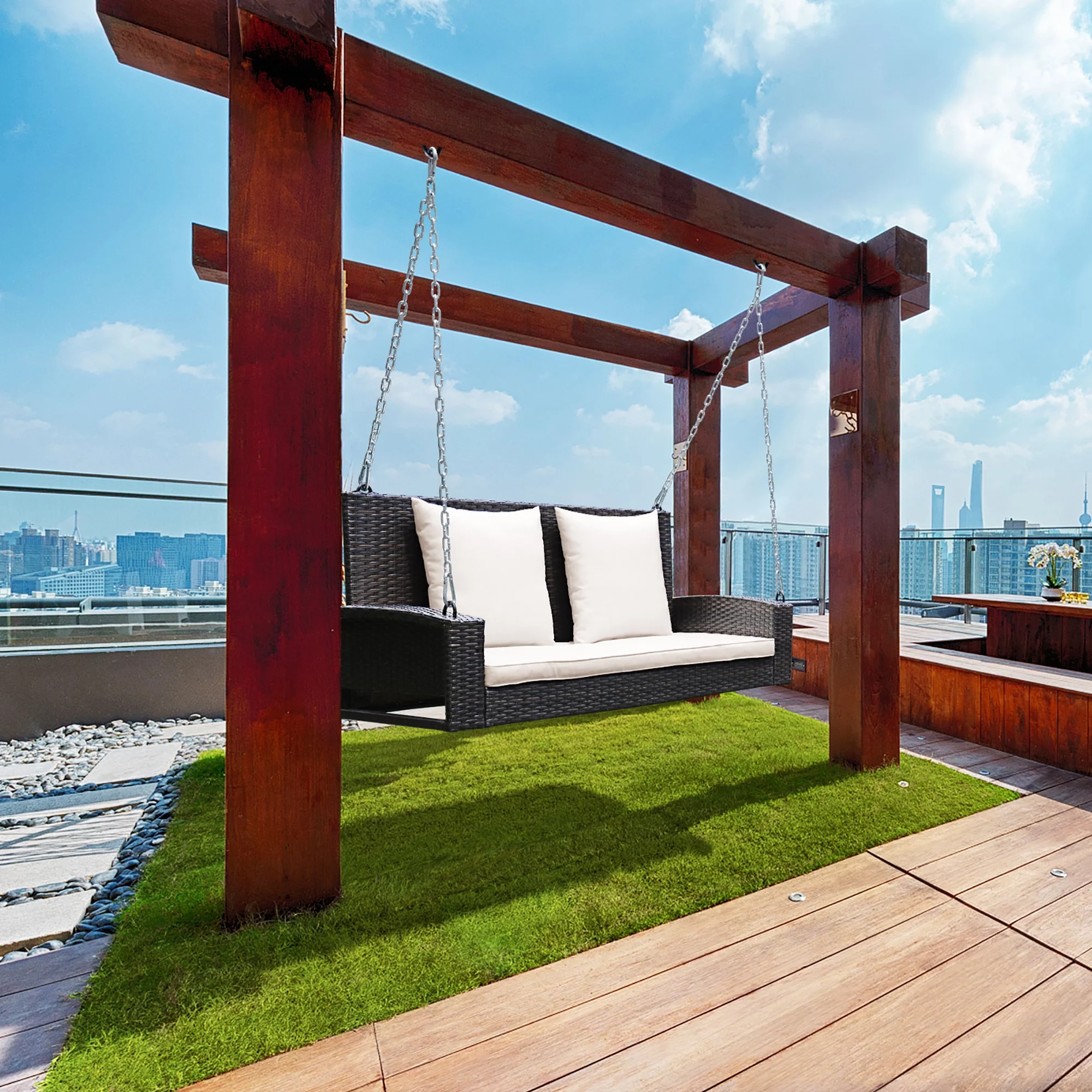 Costway 2-Person Patio Rattan Hanging Porch Swing Bench Chair Cushion Turquoise - Cheap Fitting