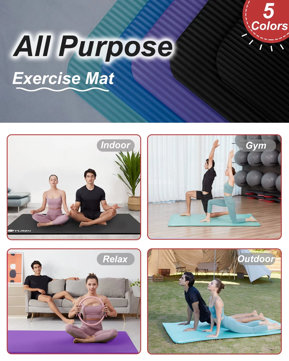 YR Large Exercise Mat 6' x 4' 10mm Thick NBR Stretching Yoga Pilates Workout for Home Gym Black - Cheap Fitting