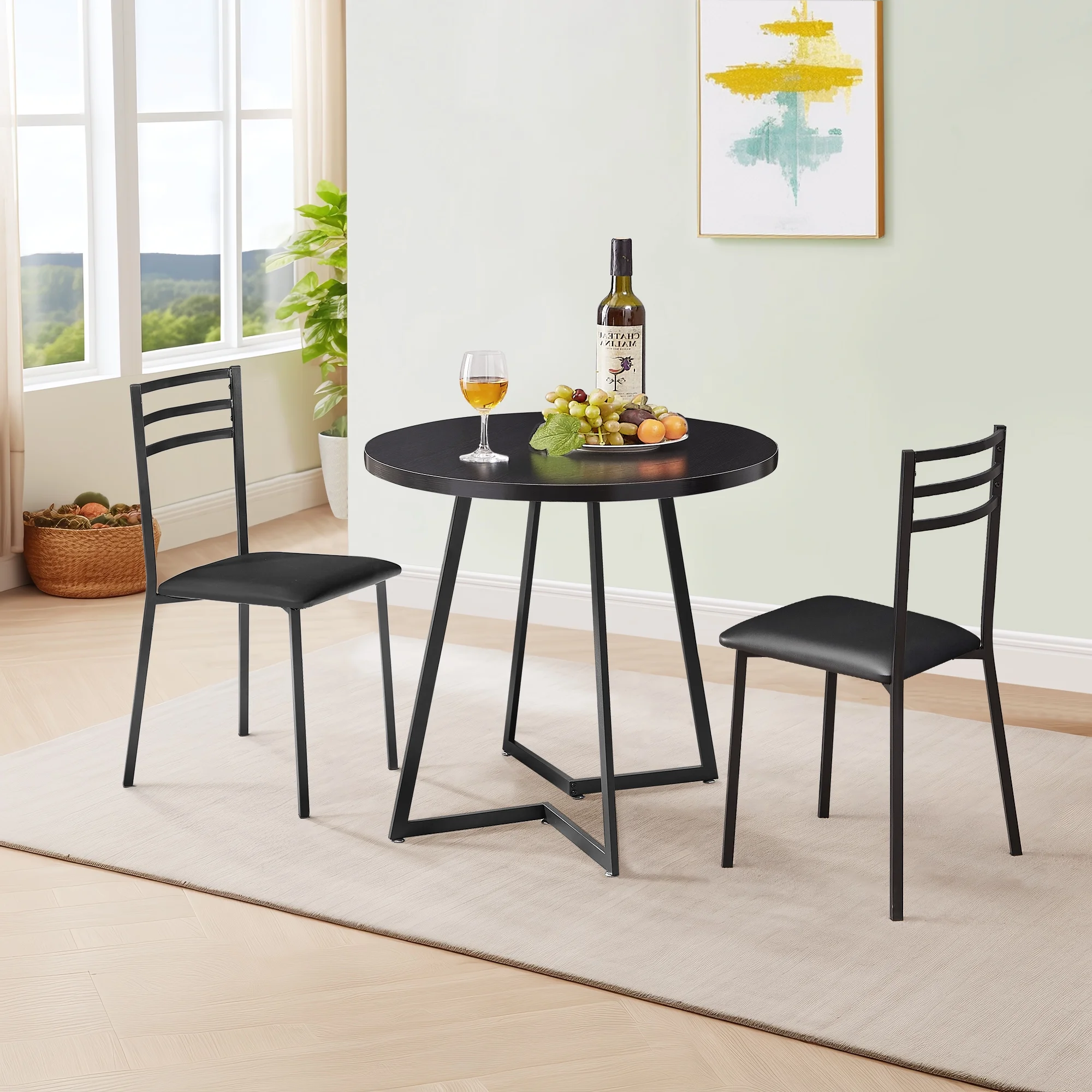 VECELO 3 Piece Dining Table Set with 2 Chairs, Small Kitchen Table Set for 2, Metal Frame and Wood Table Set for Dining Room, Living room, Small Spaces, Black - Cheap Fitting