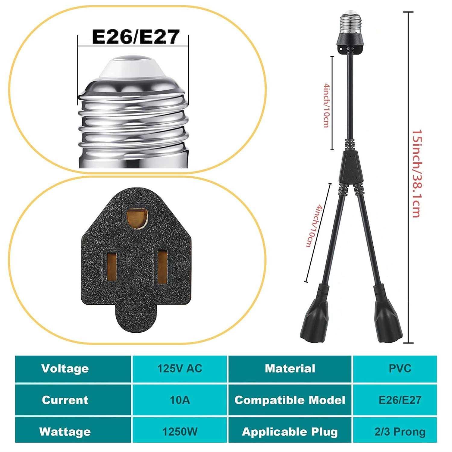 2 in 1 Light Socket to Plug Adapter,Convert E26/E27 Bulb Socket to 2 Pieces 3 Prong Outlet with 2 Extension Cord Convert E26/E27 Bulb Socket,for - Cheap Fitting