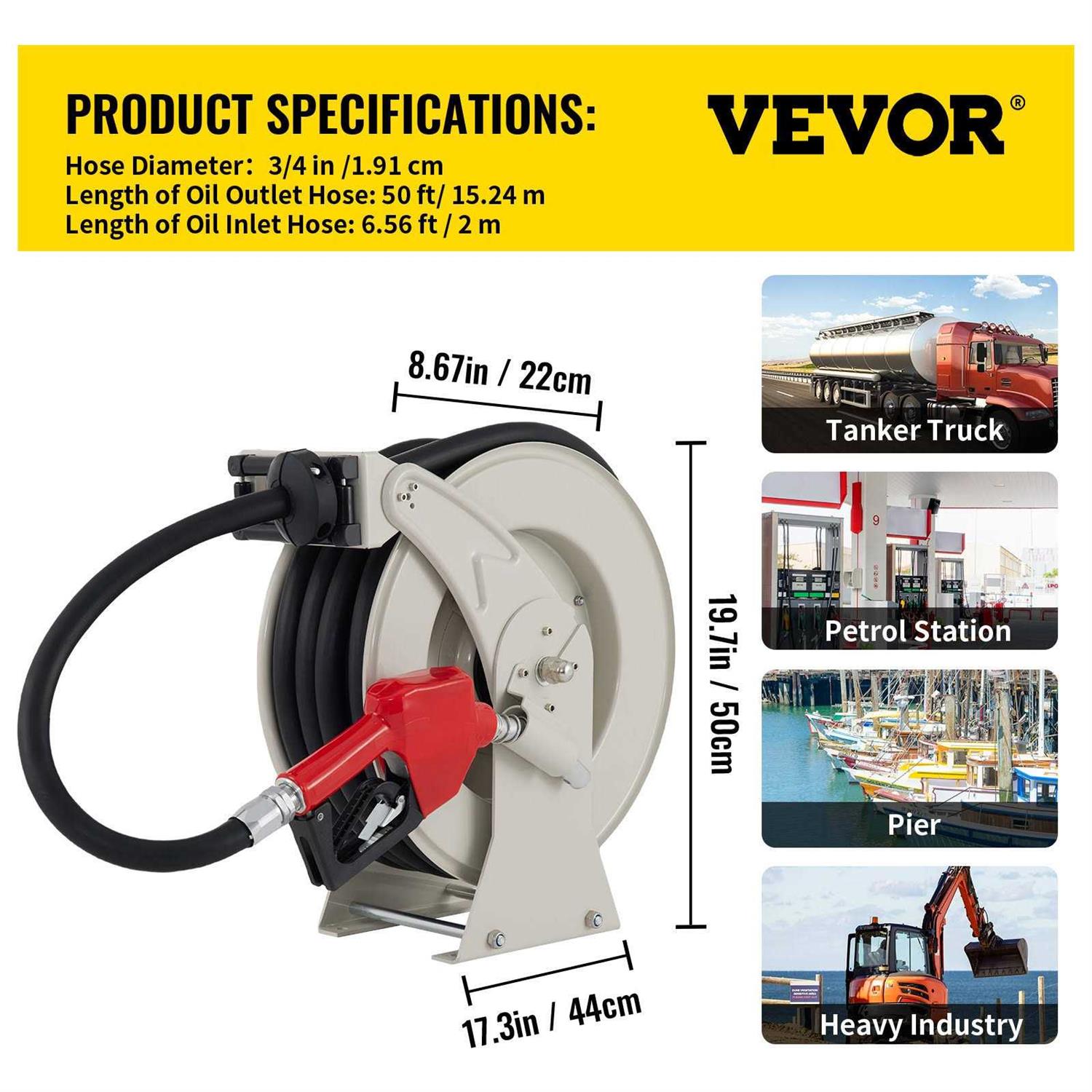 VEVOR Fuel Hose Reel 34 x 50 Retractable Diesel Hose Reel with Auto Refueling Gun CYR50FT34INCHD7NEV0 - Cheap Fitting