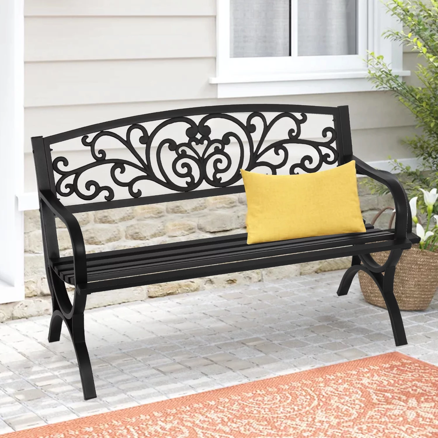 NiamVelo 50-in  Garden Bench  Outdoor Metal Bench Patio Bench with Armrests for Park, Porch, Lawn,Yard,  Work Entryway, Black - Cheap Fitting