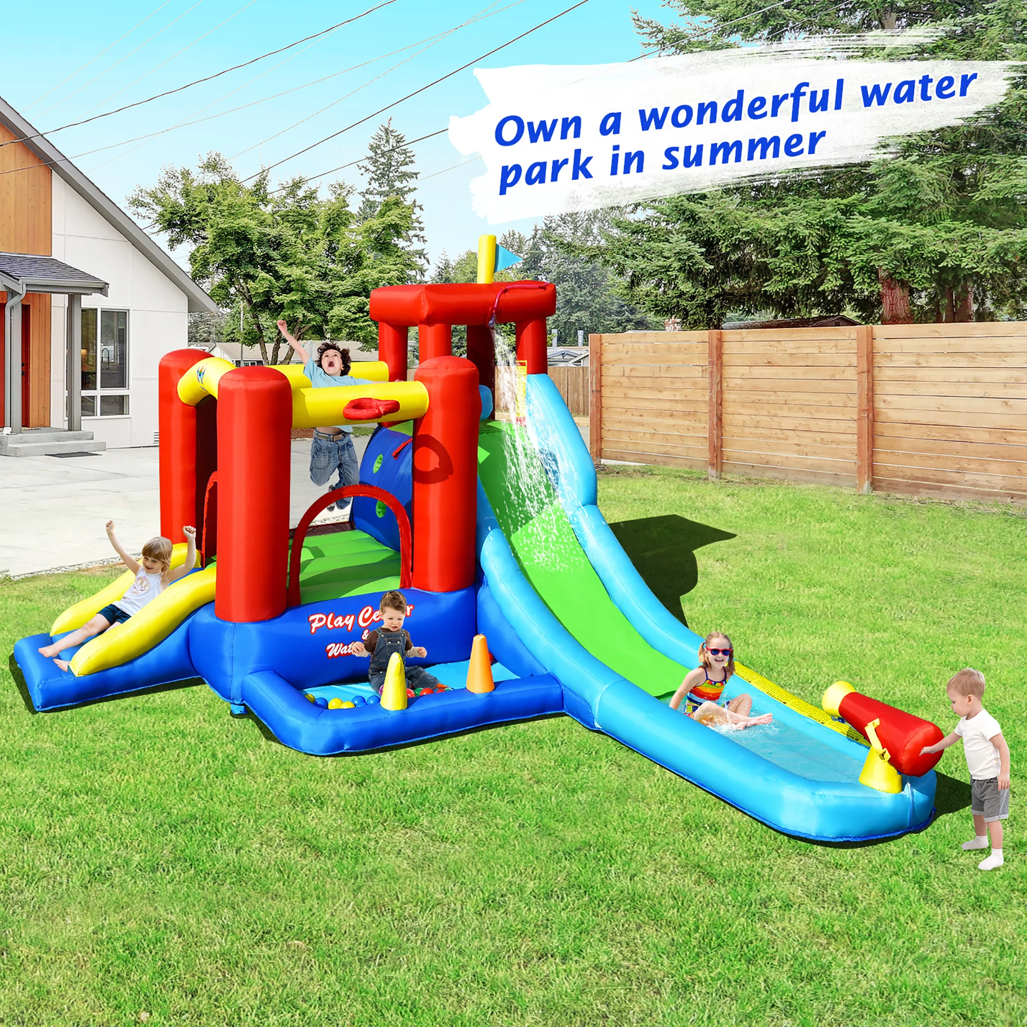 Costway 9-in-1 Inflatable Water Slide Kids Bounce Castle Giant Splash Pool with 860W Blower - Cheap Fitting