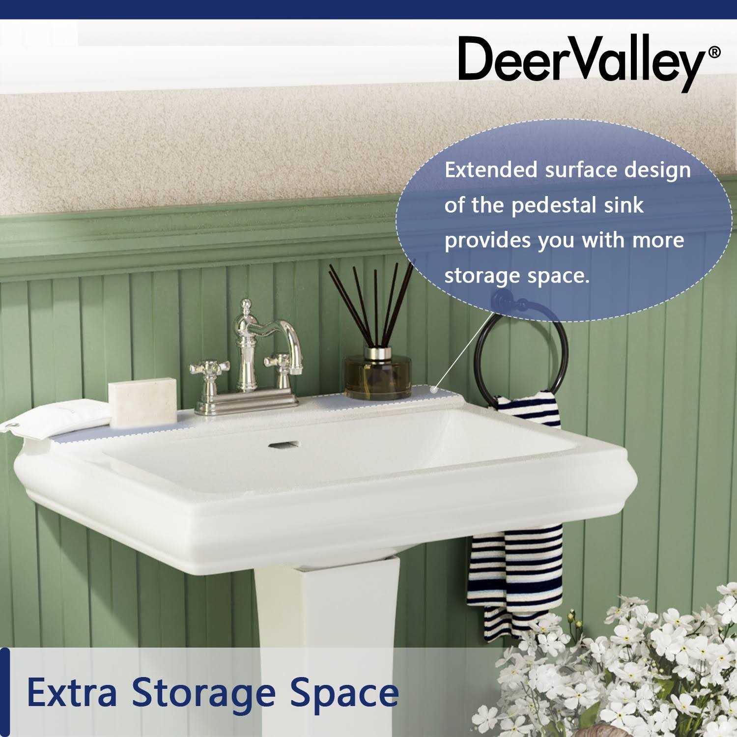 DeerValley DV-1P521 Apex 26 X 20 White Ceramic Rectangular Pedestal Bathroom Sink With Overflow - Cheap Fitting