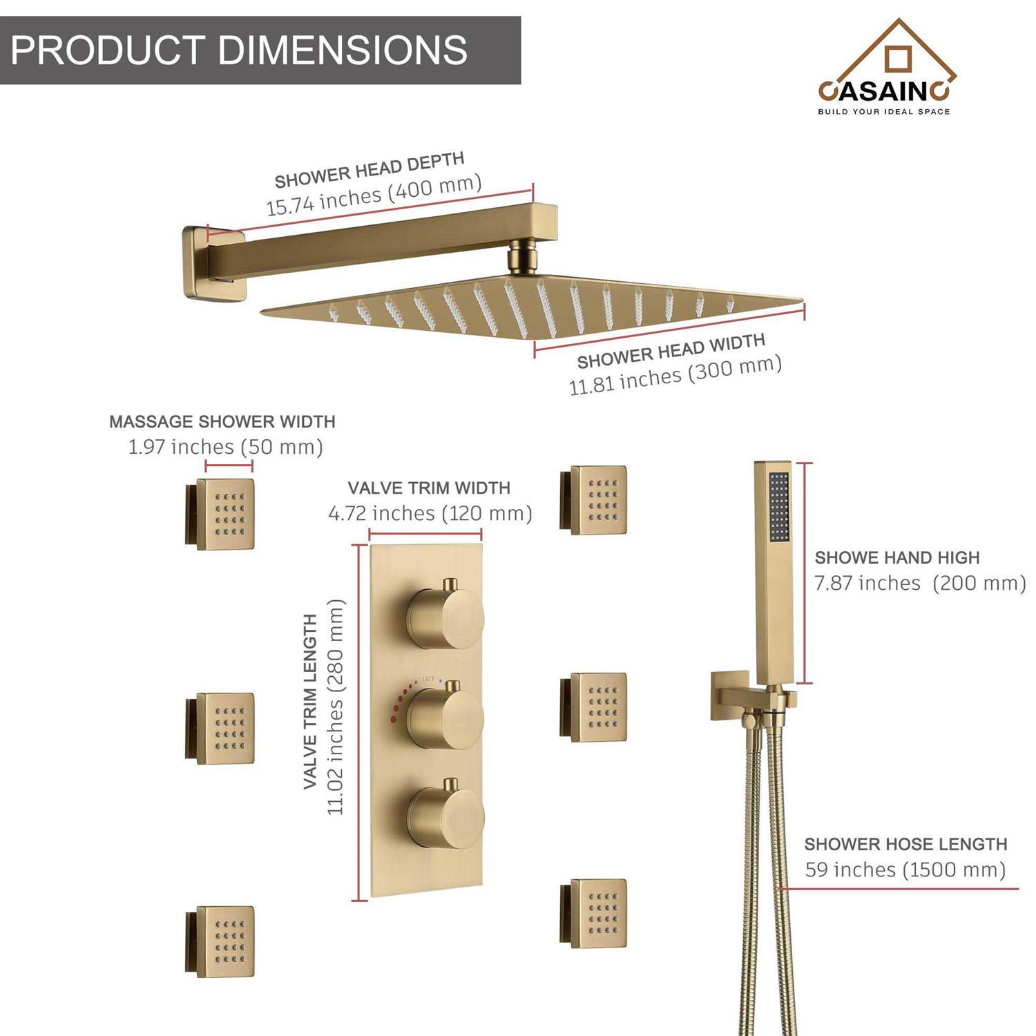 CASAINC Thermostatic 12 in. Wall Mount Shower System with 6 Body Sprays - Cheap Fitting