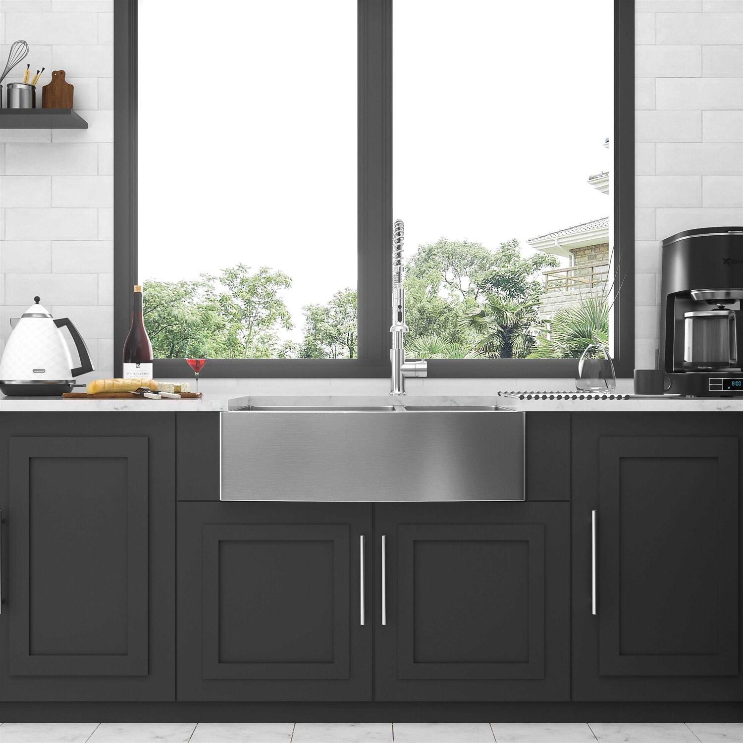 stufurhome Lod 33 in. Farmhouse/Apron-Front Double Bowl Brushed Nickel Stainless Steel Kitchen Sink with Two 10 Deep Basin YBX-W1243122100 - Cheap Fitting