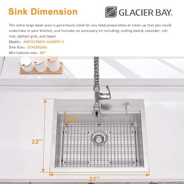 Glacier Bay Zero Radius Drop-in 18G Stainless Steel 2-Hole Single Bowl Workstation Kitchen Sink - Cheap Fitting