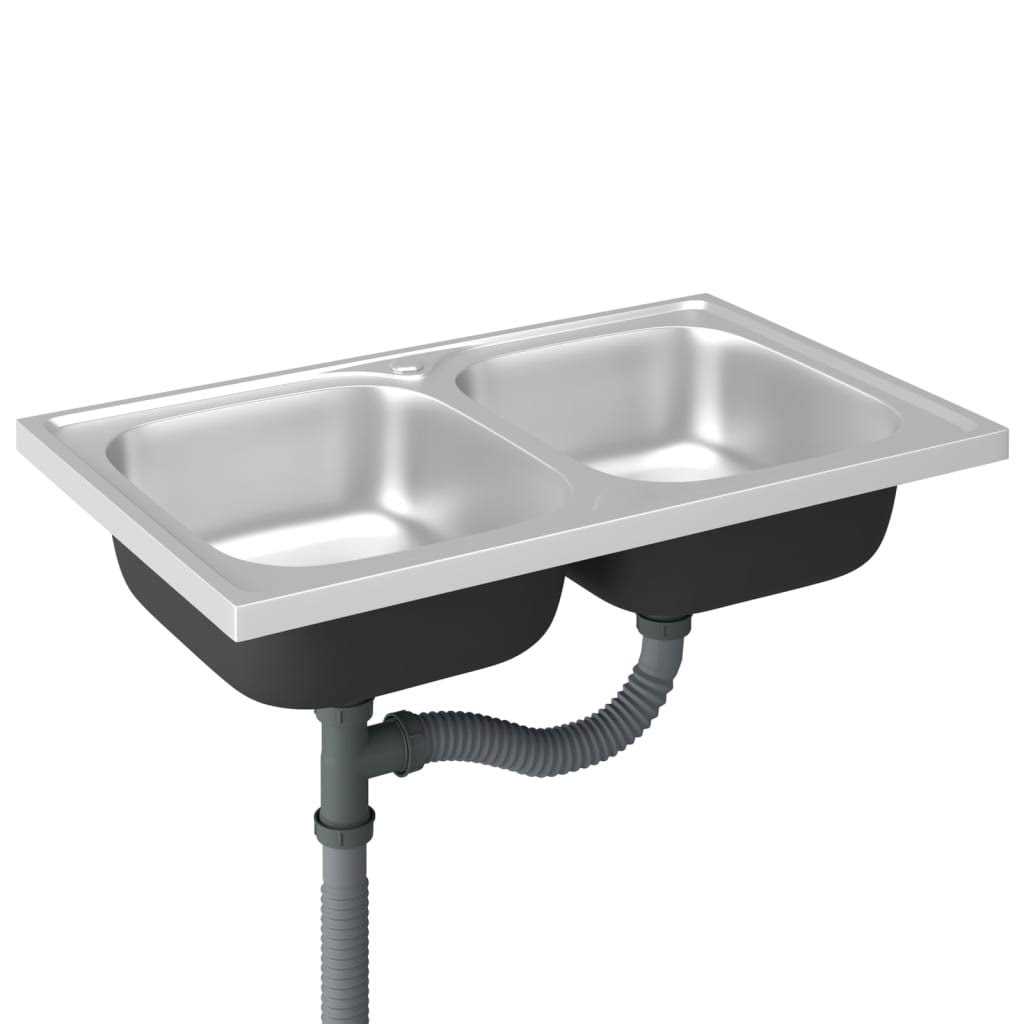 vidaXL Kitchen Sink with Double Sinks Silver Stainless Steel - Cheap Fitting