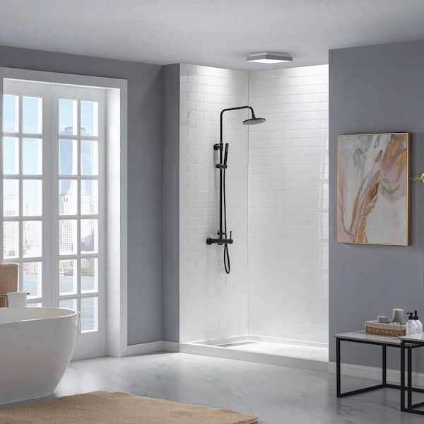 WoodBridge Krasik 48 in. L x 36 in. W Alcove Solid Surface Shower Pan Base with Right Drain in White Cover SBR - Cheap Fitting