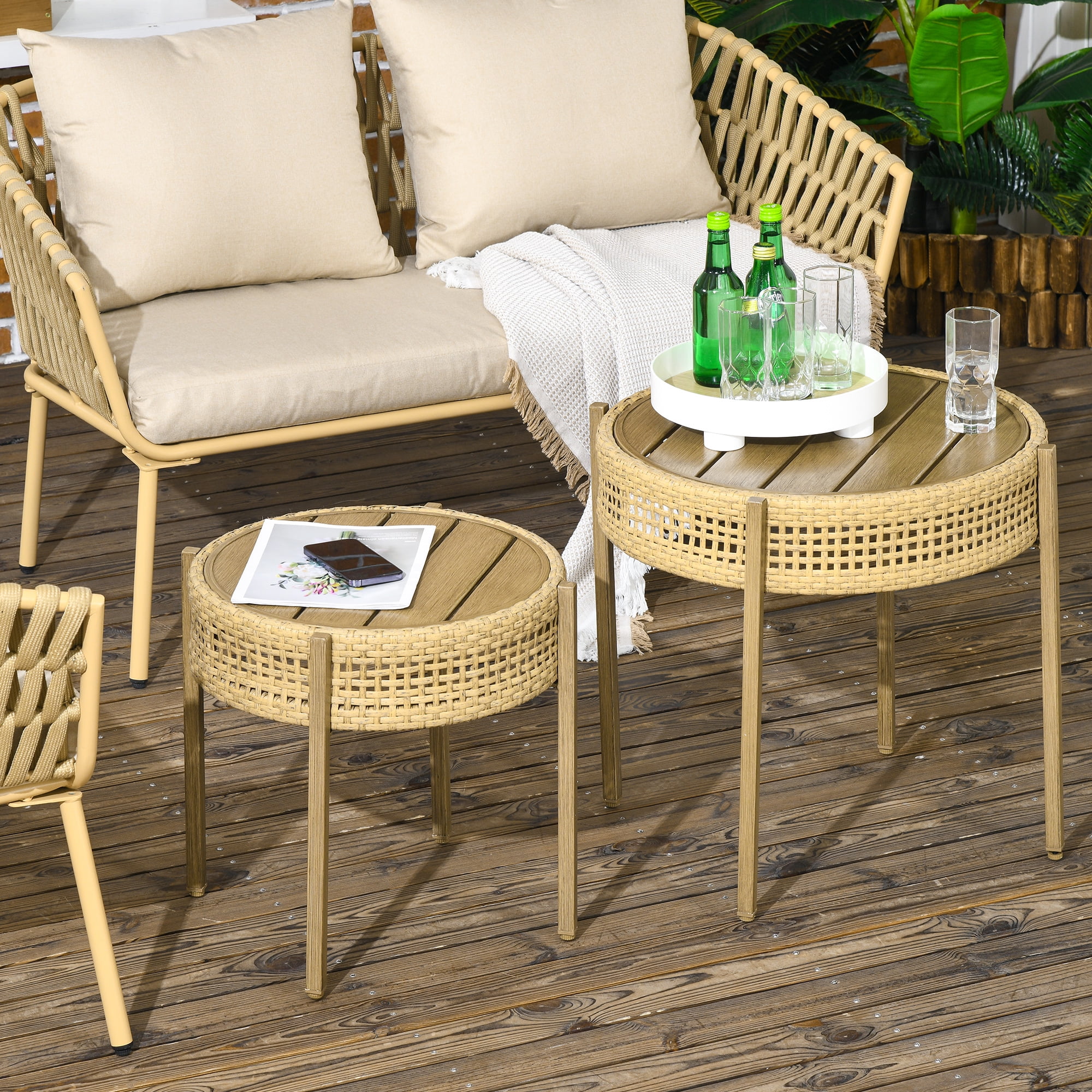 Outsunny Wicker Patio Table Set, PE Rattan End Table Set, Brown - Cheap Fitting