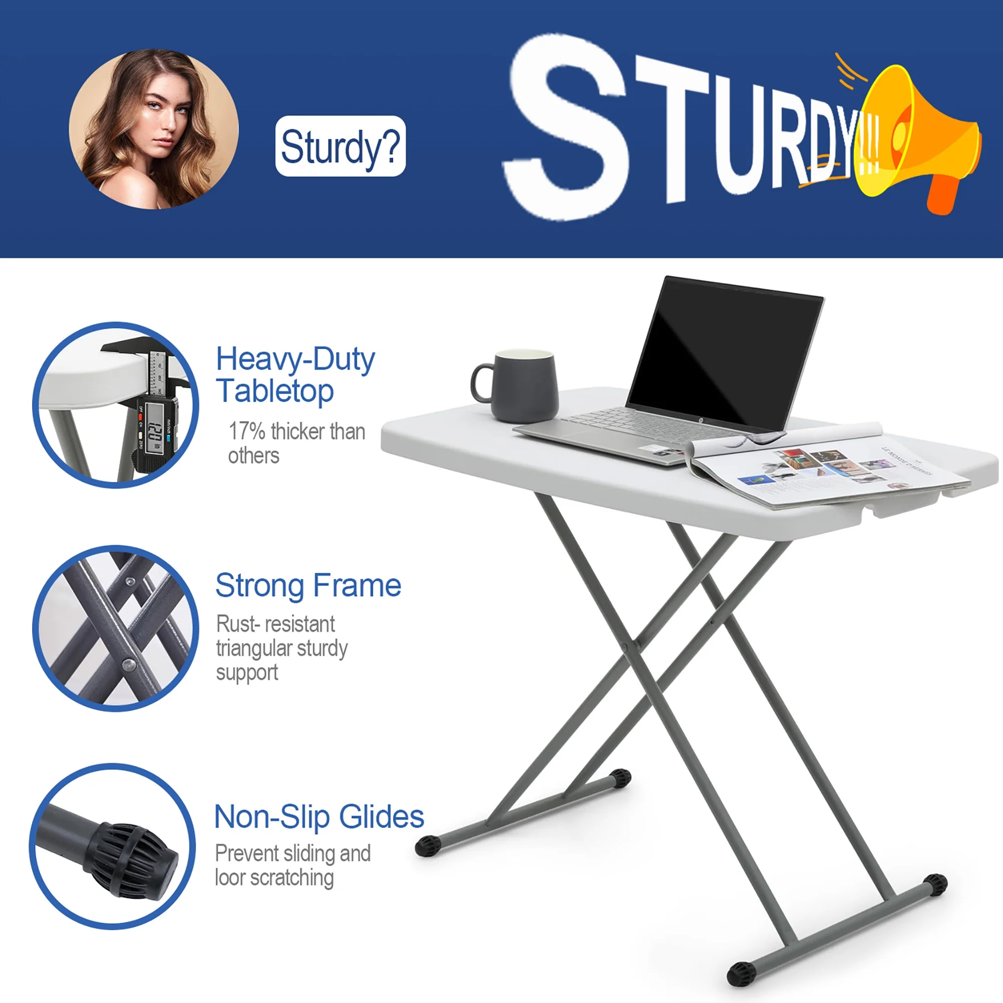 Portable TV Tray Table - Small Folding Table for Camping & Dining - Adjustable Height, Easy Fold, Lightweight - Indoor/Outdoor, 30 Inch, White - Cheap Fitting