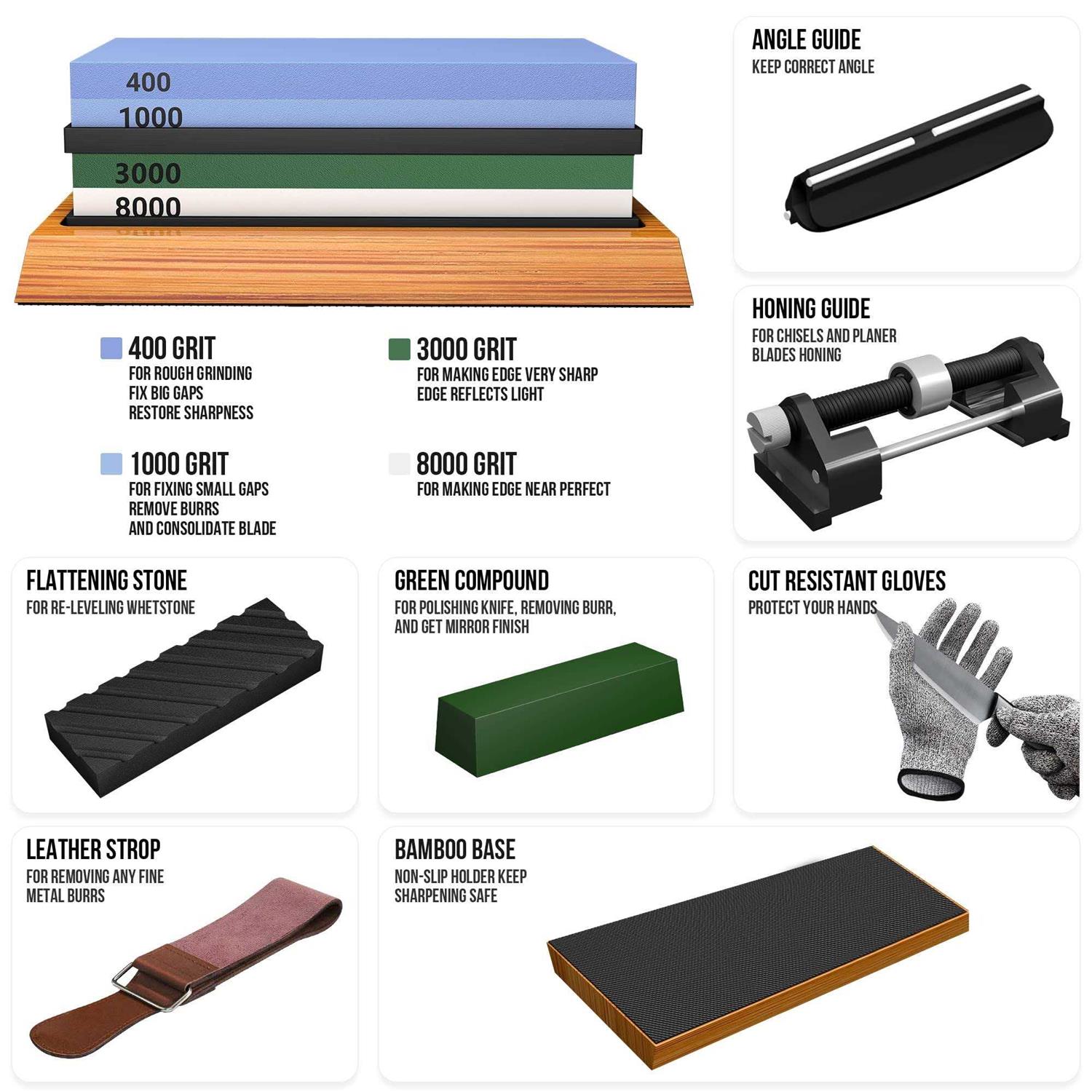 YeopAsda Knife Sharpening Stone Set Premium 4 Side Grit 400/1000 3000/8000 Whetstone Sharpener Kit - Cheap Fitting