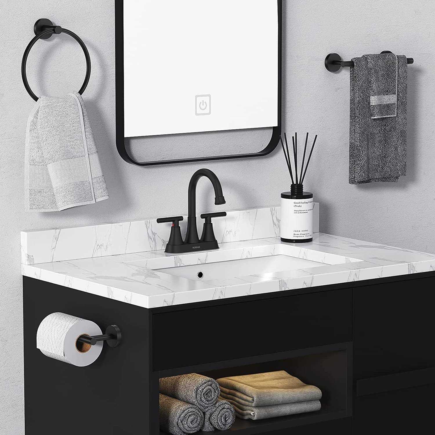 Bathroom Faucets for Sink 3 Hole, Hurran 4 Inch Matte Black with Pop-up Drain and 2 Supply Hoses - Cheap Fitting