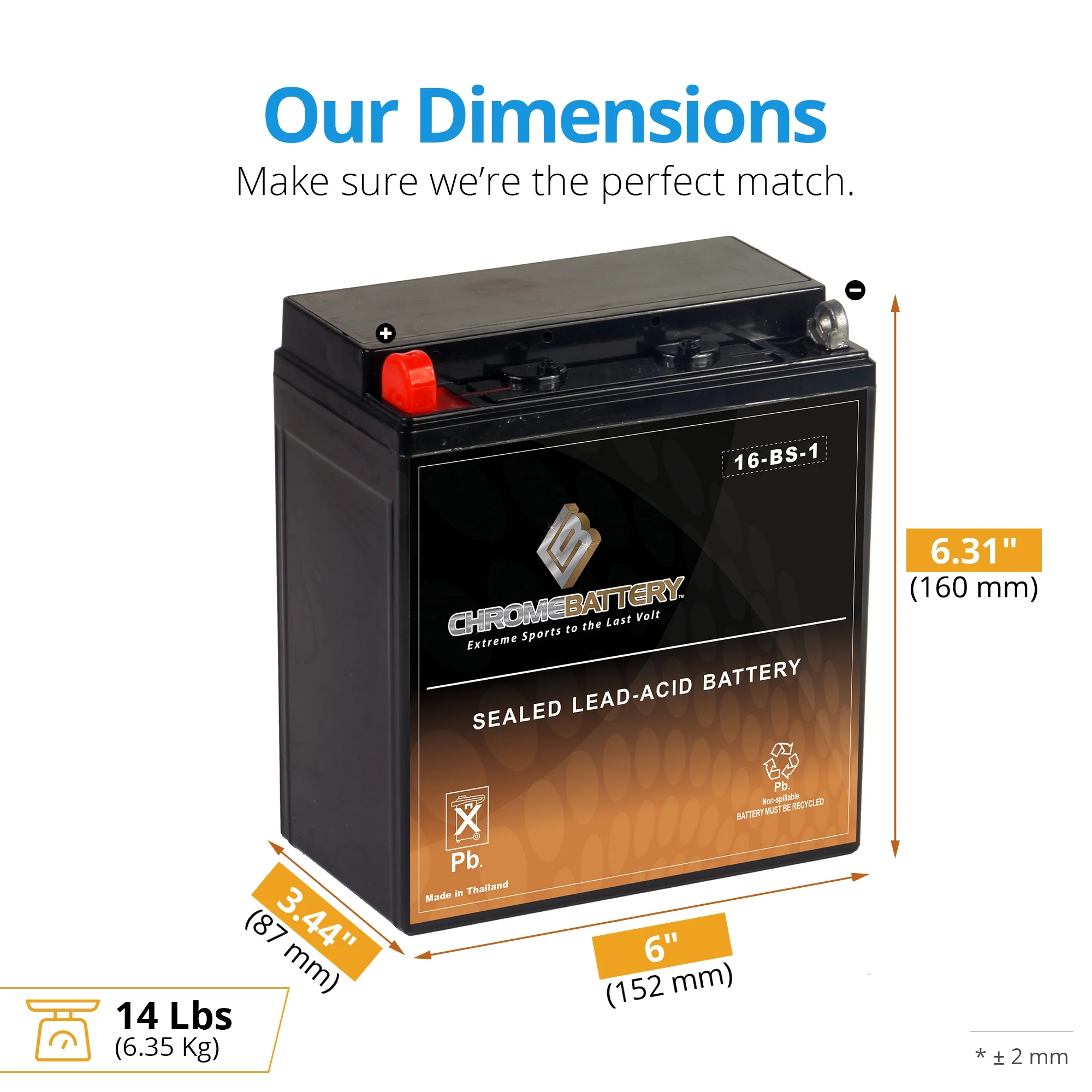 Chrome Battery YTX16-BS-1 (16-BS-1 12 Volt,14 Ah, 165 CCA) Motorcycle Battery for Suzuki 1400cc Vs1400gl Intruder Glp S83 1990 - Cheap Fitting