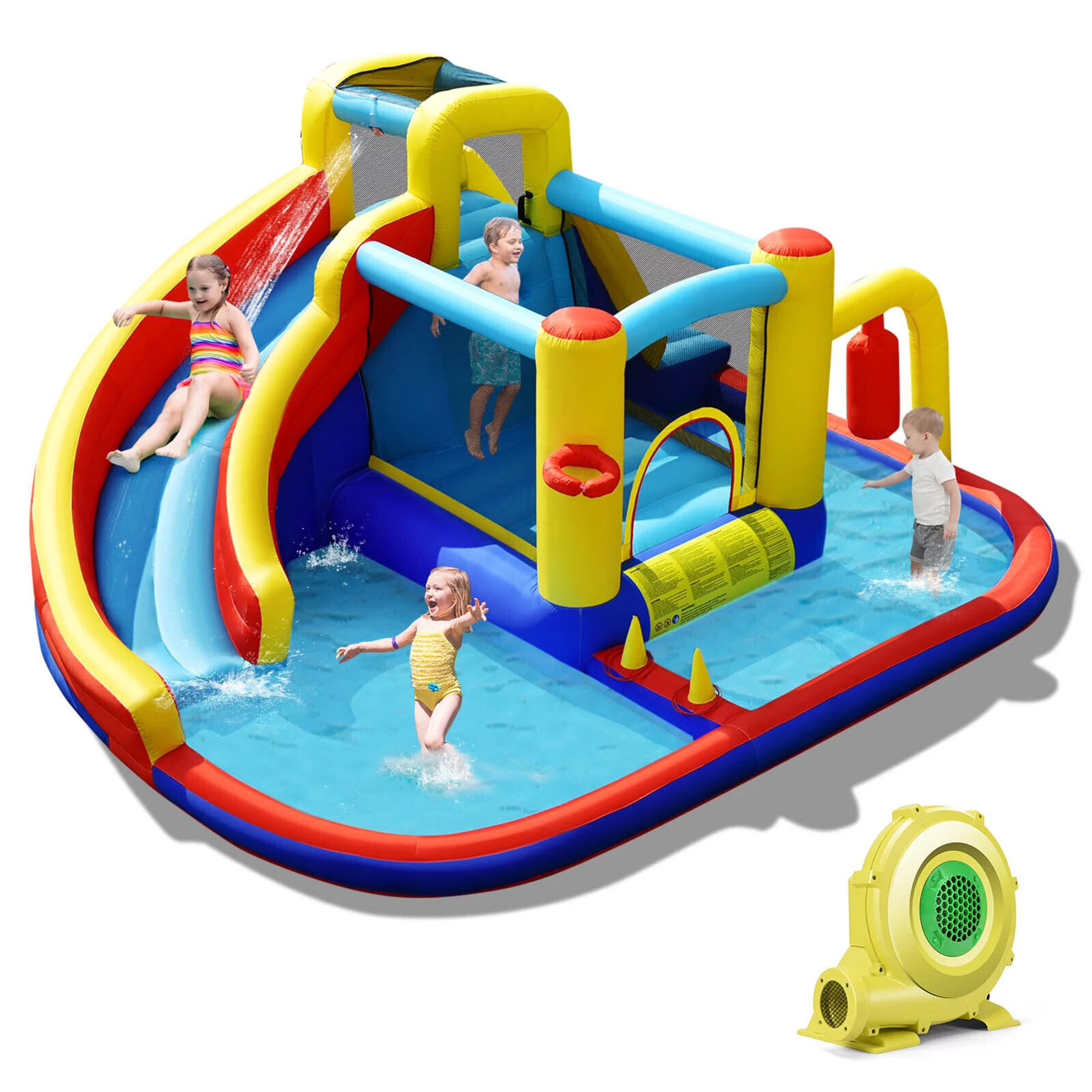 Gymax 7-in-1 Kids Water Inflatable Water Slide Park Castle w/ 735W Air Blower - Cheap Fitting