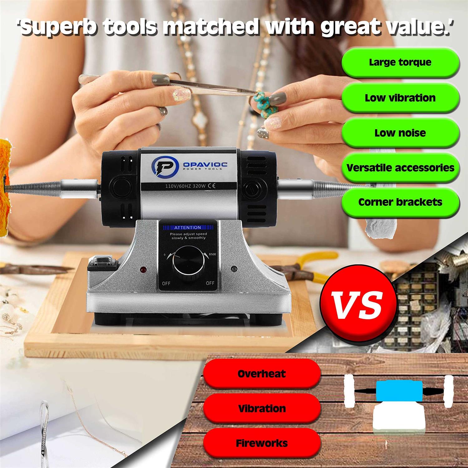 OPAVIOC Jewelry Polisher Adjustable Variable Speed Bench Grinder Polishing & Buffing Machine - Cheap Fitting