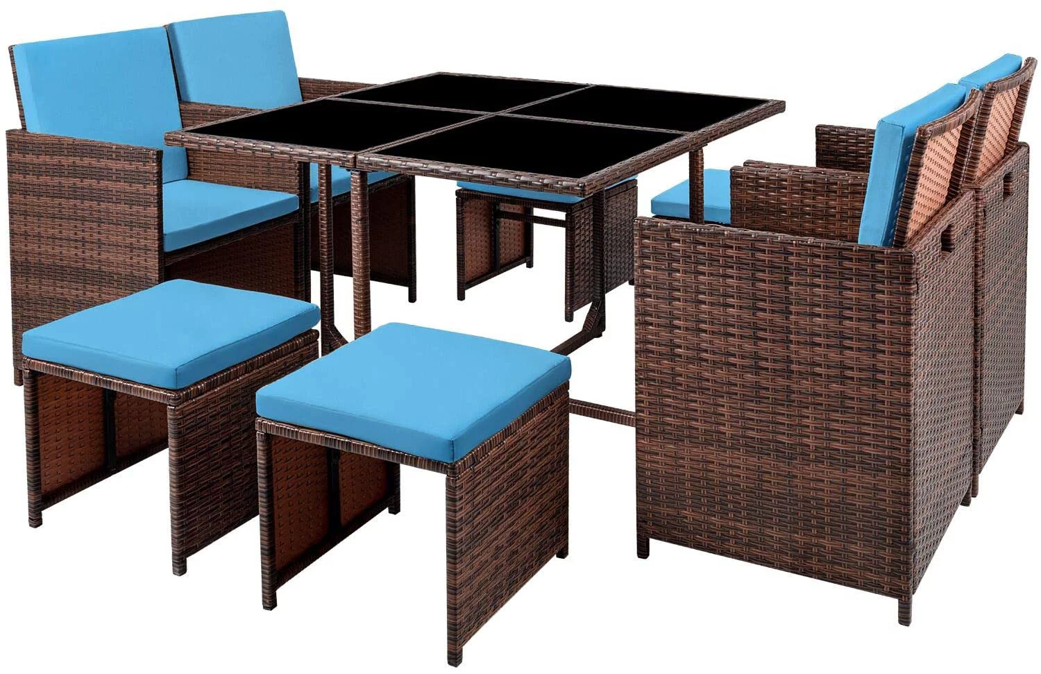 Homall 9 Pieces Outdoor Dining Sets Patio Rattan Conversation Set Outdoor Space Saving Wicker Chairs with Glass Table,Blue - Cheap Fitting