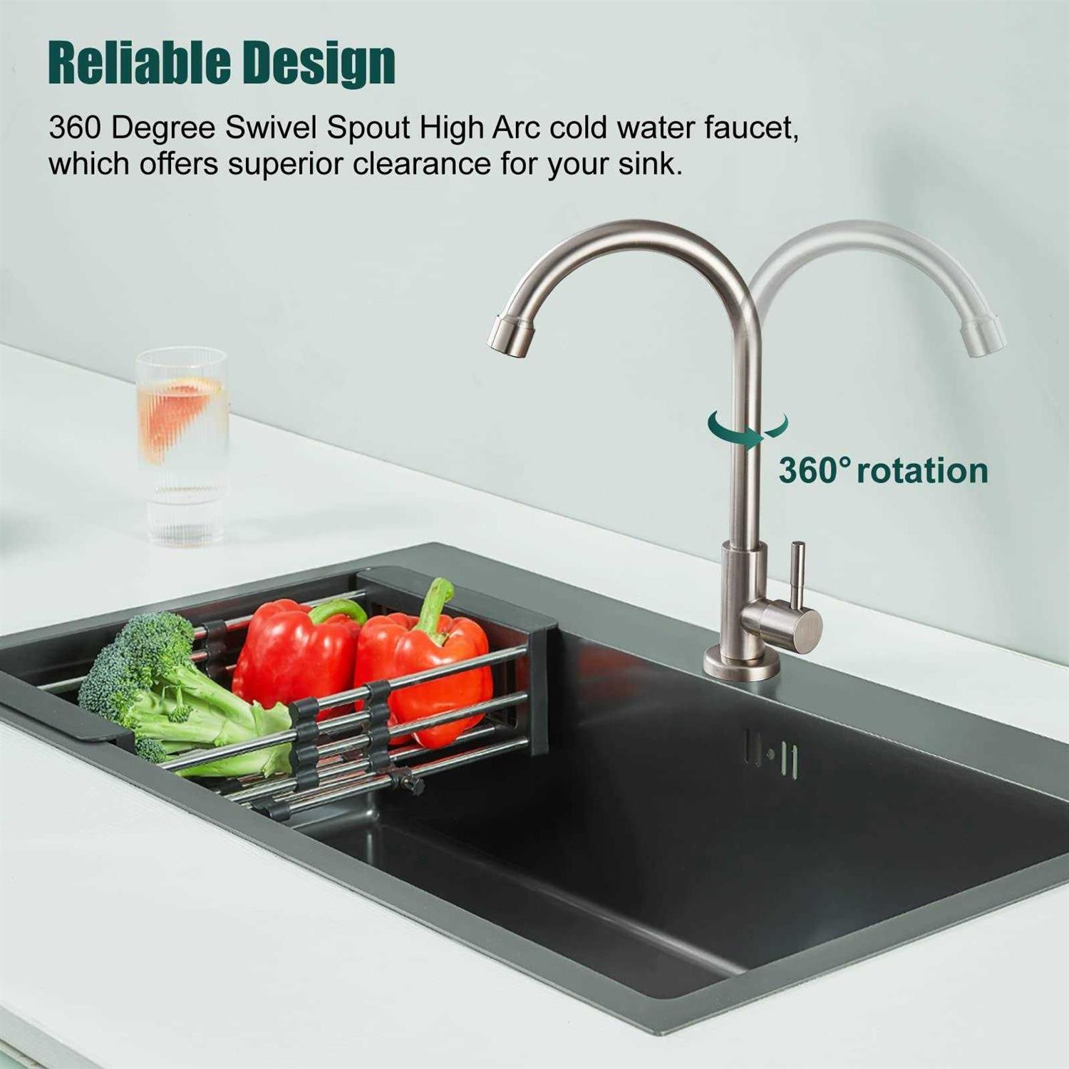 Heyalan Cold Water Only Kitchen Faucet Brushed Nickel Single Handle 1 Hole 360 Degree Swivel Spout Deck Mount High Arc SUS304 Stainless - Cheap Fitting