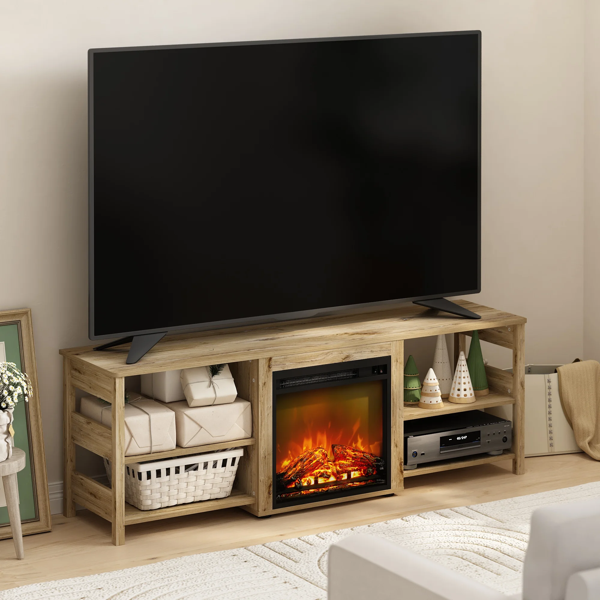 Furinno Classic 70 Inch TV Stand with Fireplace, Flagstaff Oak - Cheap Fitting