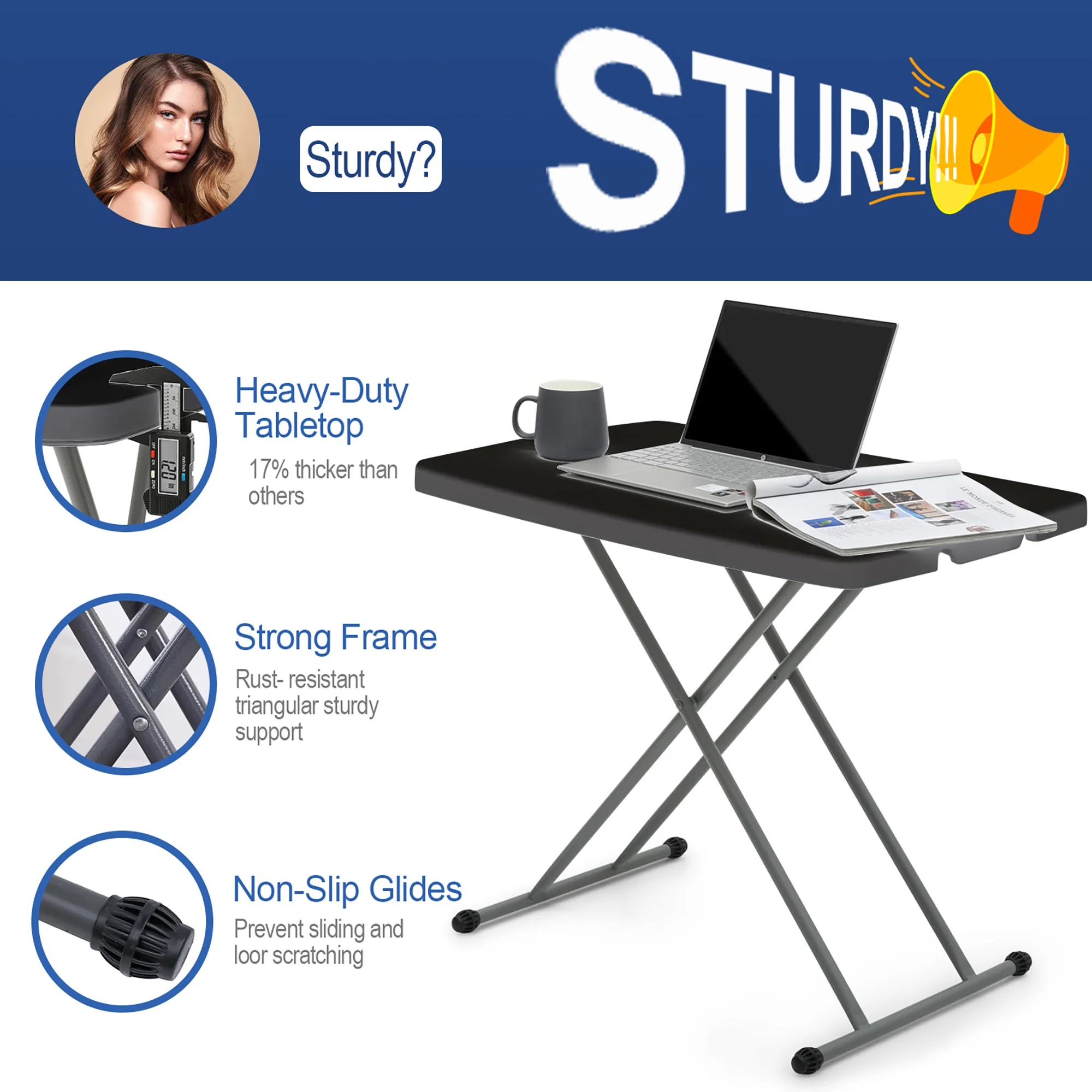 Portable TV Tray Table - Small Folding Table for Camping & Dining - Adjustable Height, Easy Fold, Lightweight - Indoor/Outdoor, 30 Inch, Black - Cheap Fitting