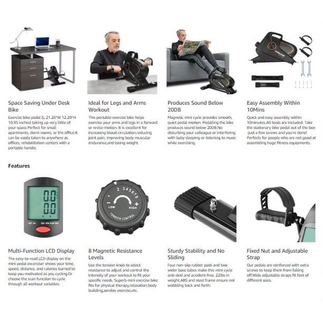 UPGO Under Desk Mini Exercise Bike Portable Magnetic Pedal Exerciser for Arm, Leg Home, Office Workout with 350lbs Capacity and 8-level Adjustment - Cheap Fitting