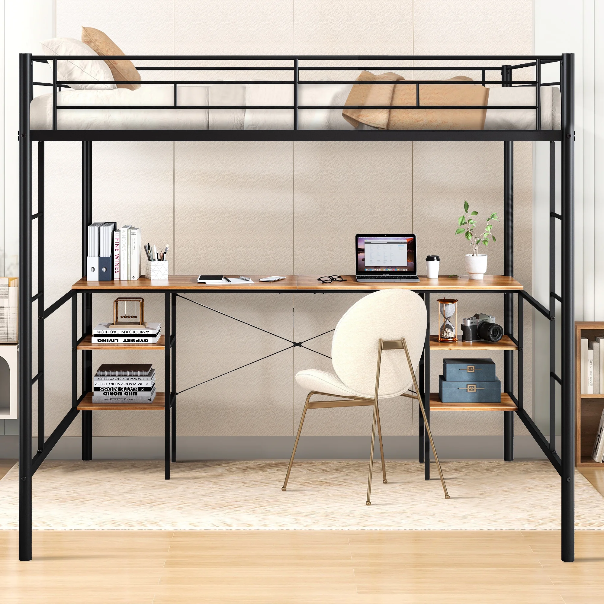 SYNGAR Twin Loft Bed with Desk, Metal Loft Bed with 4 Storage Shelves, Space-Saving Bed Frame with Bilateral Ladders and Safety Guard Rails for Boys Girls Kids Teens Adults, Black - Cheap Fitting