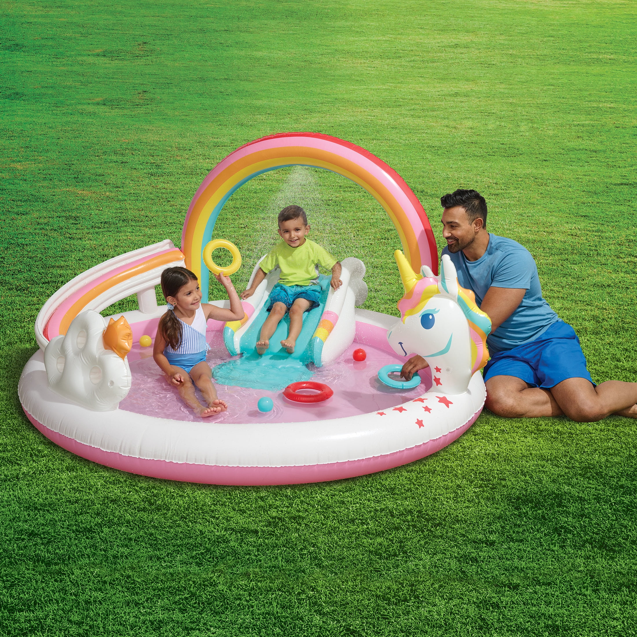 Bluescape Rainbow Unicorn Play Center, Kids Splash Pool with Sprinkler, Toys & Slide, Age 2 & up, Unisex - Cheap Fitting