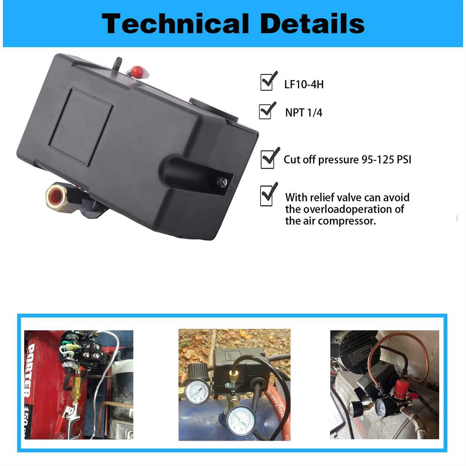 LF10-4H Pressure Switch 4 Port Air Compressor Pressure Switch Replacement Control NPT1/4 95-125 PSI 20A - Cheap Fitting