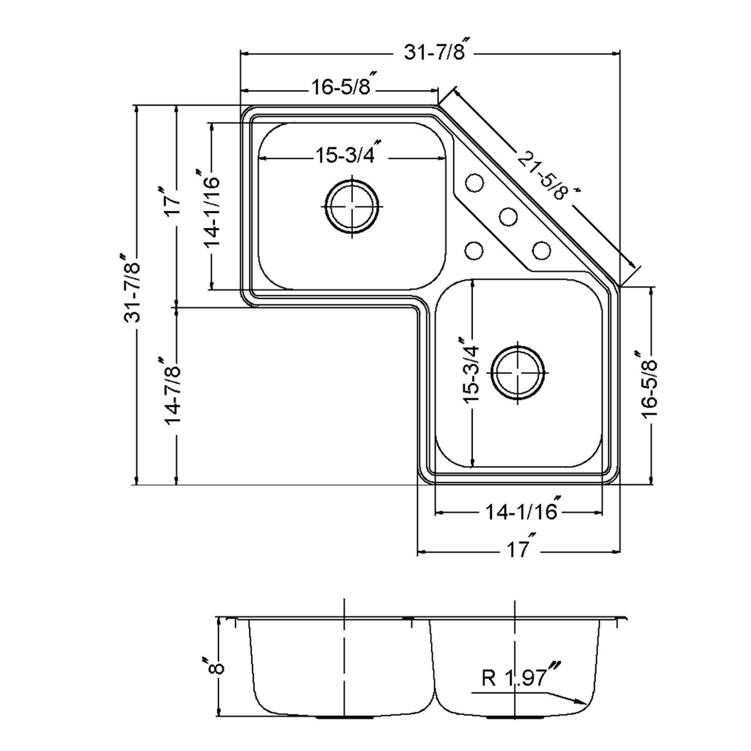 Houzer LCR-3221-1 Legend Topmount Corner Bowl Kitchen Sink in Stainless Steel - Cheap Fitting