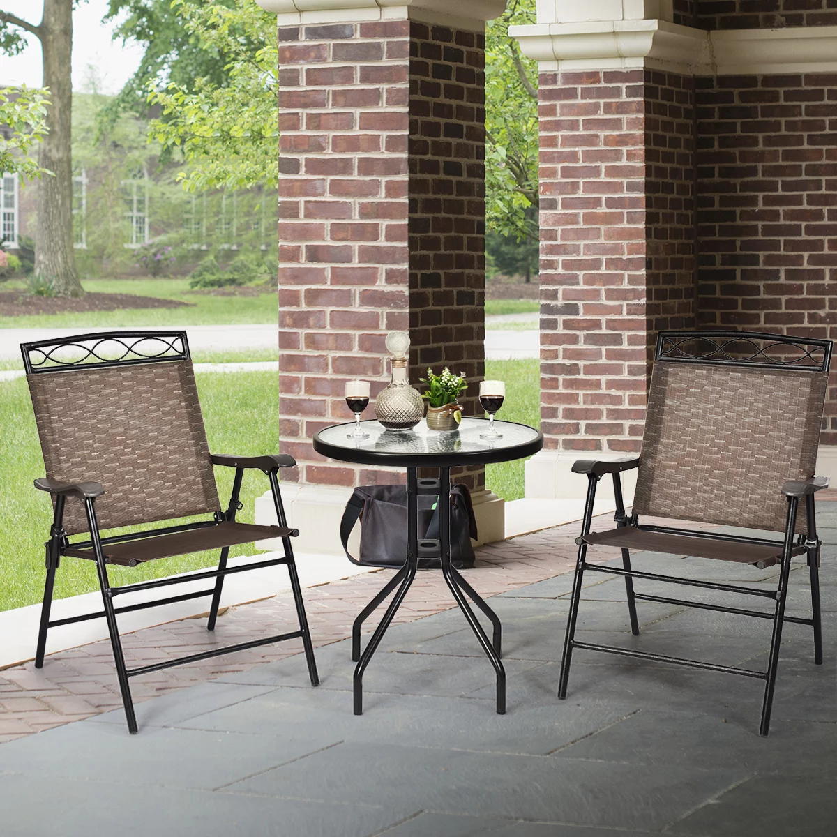 Costway 3 PCS Bistro Conversation Patio Pub Dining Set W/ 2 Folding Chairs & Glass Table - Cheap Fitting