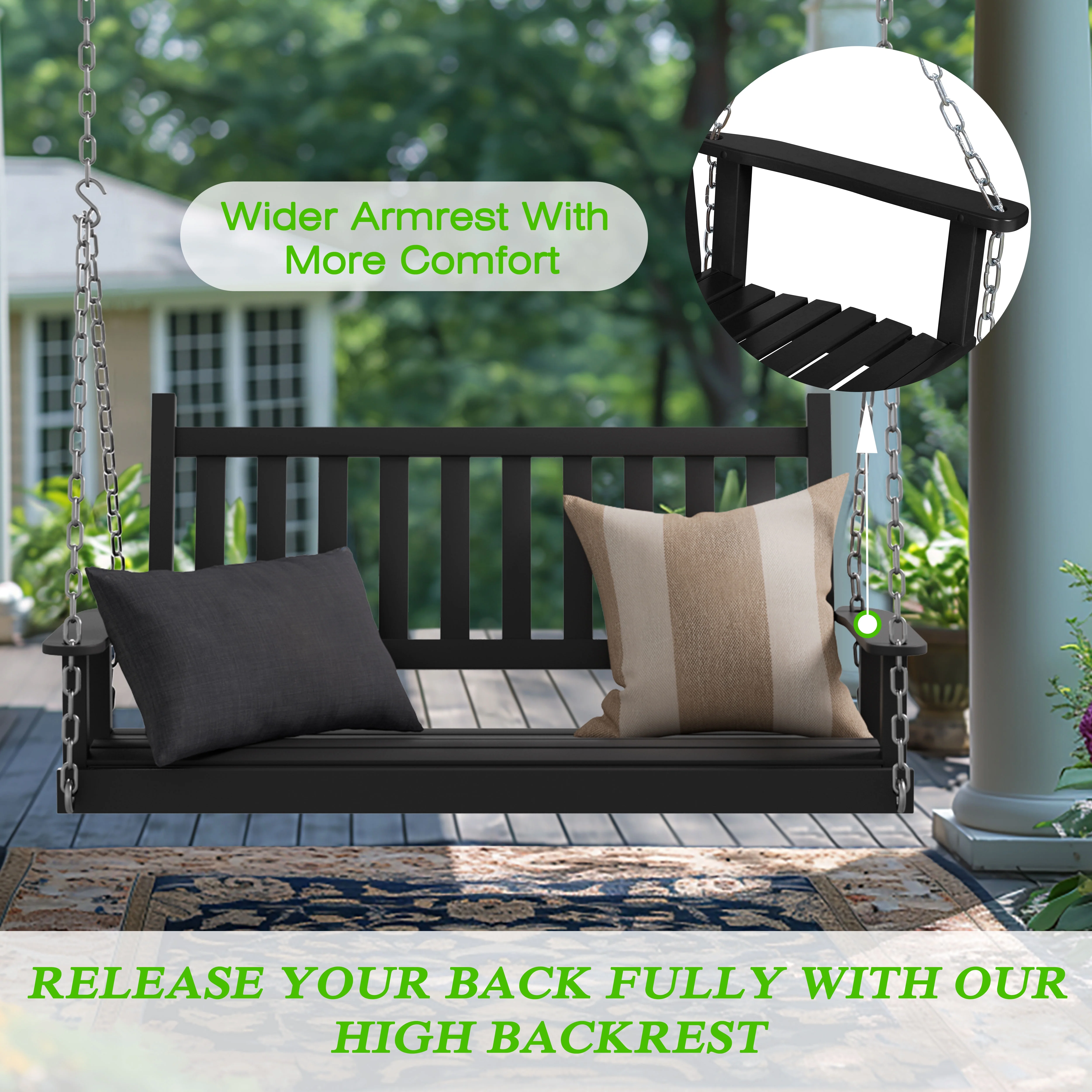 VEIKOUS 2-Seat Outdoor Porch Swing, Hanging Wooden Glider w/Hanging Chains for Patio, Backyard & Garden, White - Cheap Fitting