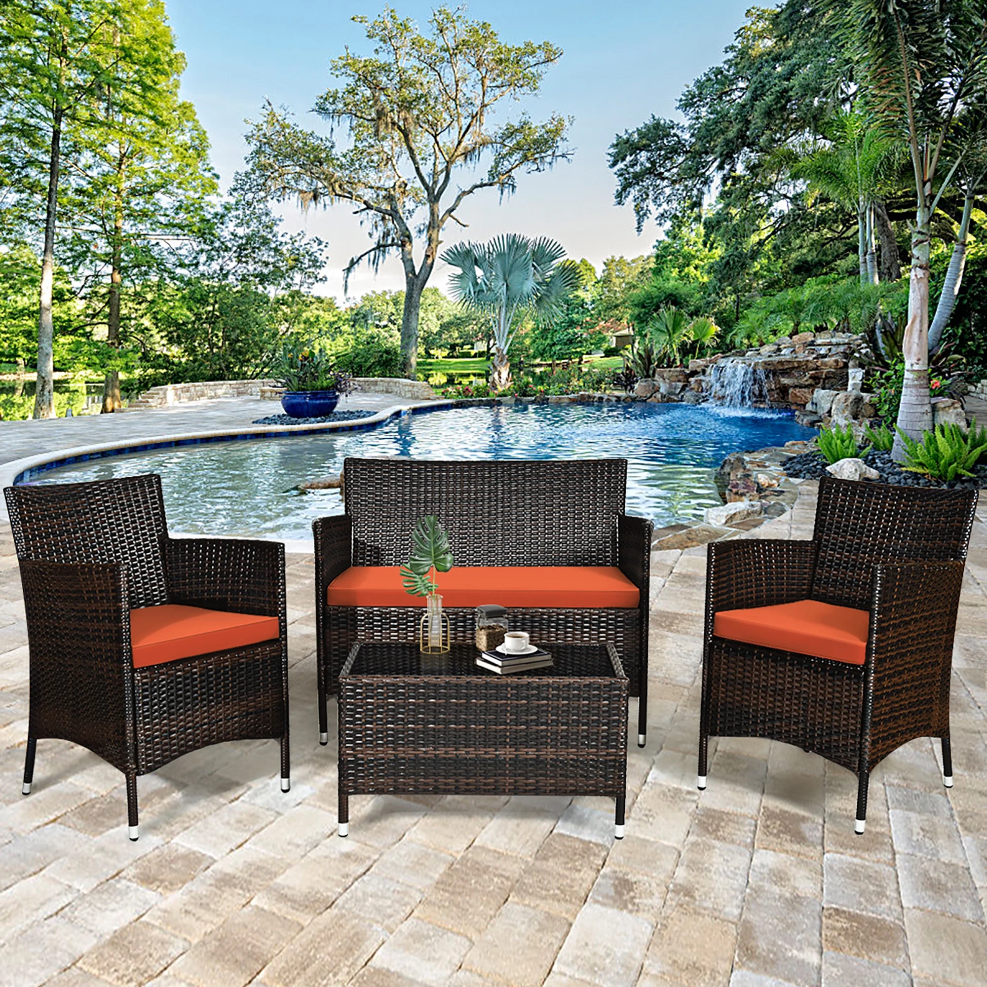 Gymax 4PCS Patio Rattan Conversation Furniture Set Outdoor w/ Orange Cushion - Cheap Fitting