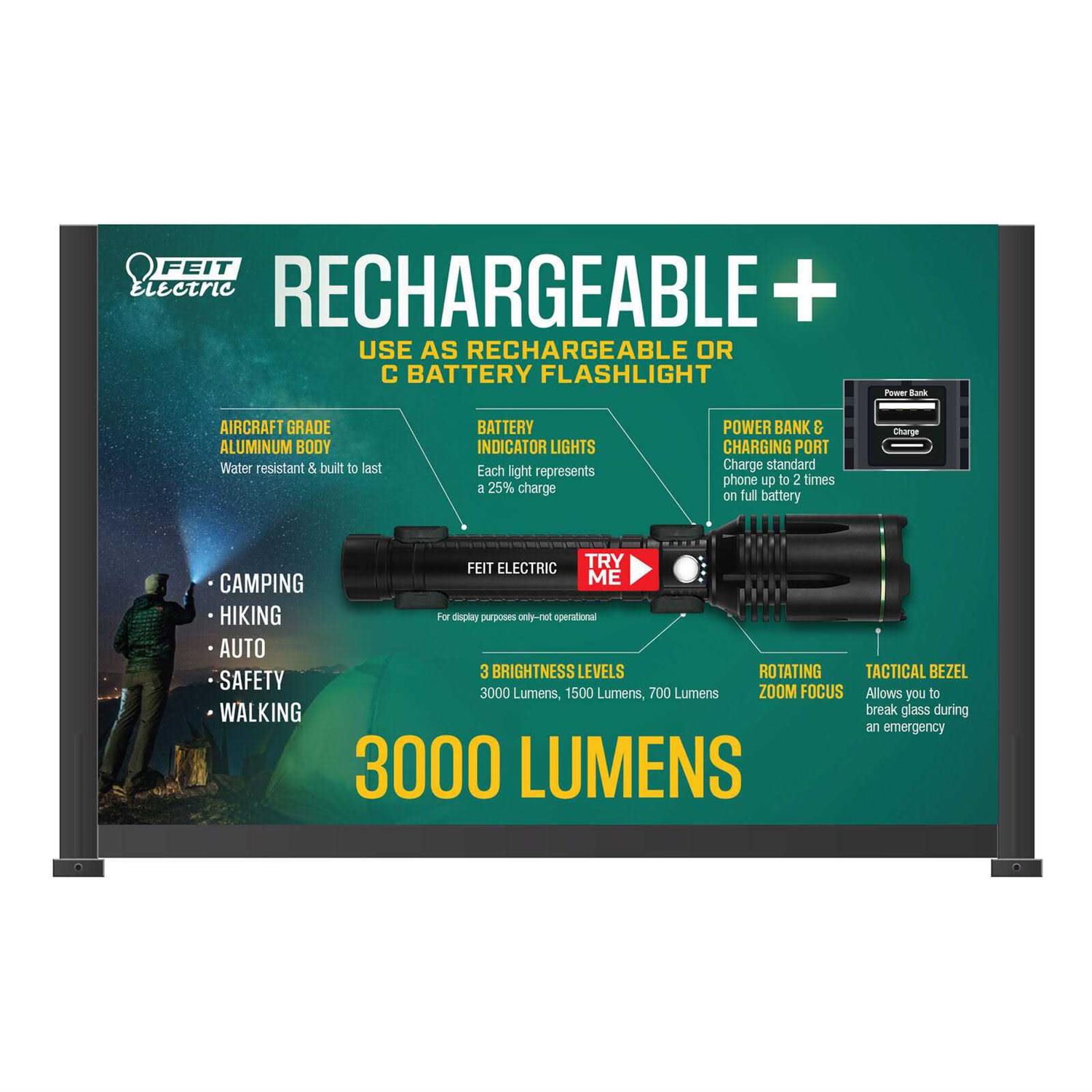 3,000 Lumen LED Flashlight with Rechargeable Batteries and 3 C Batteries - Cheap Fitting