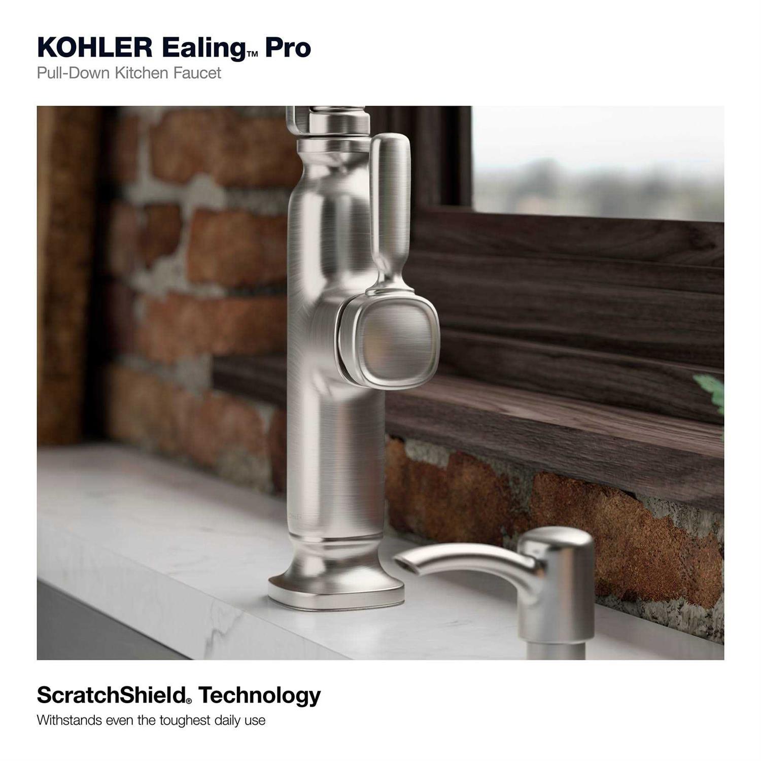 KOHLER Ealing Pre-Rinse Spring Vibrant Stainless Single Handle Pull-down Kitchen Faucet with Deck Plate and Soap Dispenser Included - Cheap Fitting