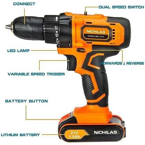 Nichilas Cordless Drill, 21v Power Screwdriver 2 Variable Speed 3/8” Keyless Chuck, 1500mah Battery and Charger for assembling, repairing and Diy - Cheap Fitting