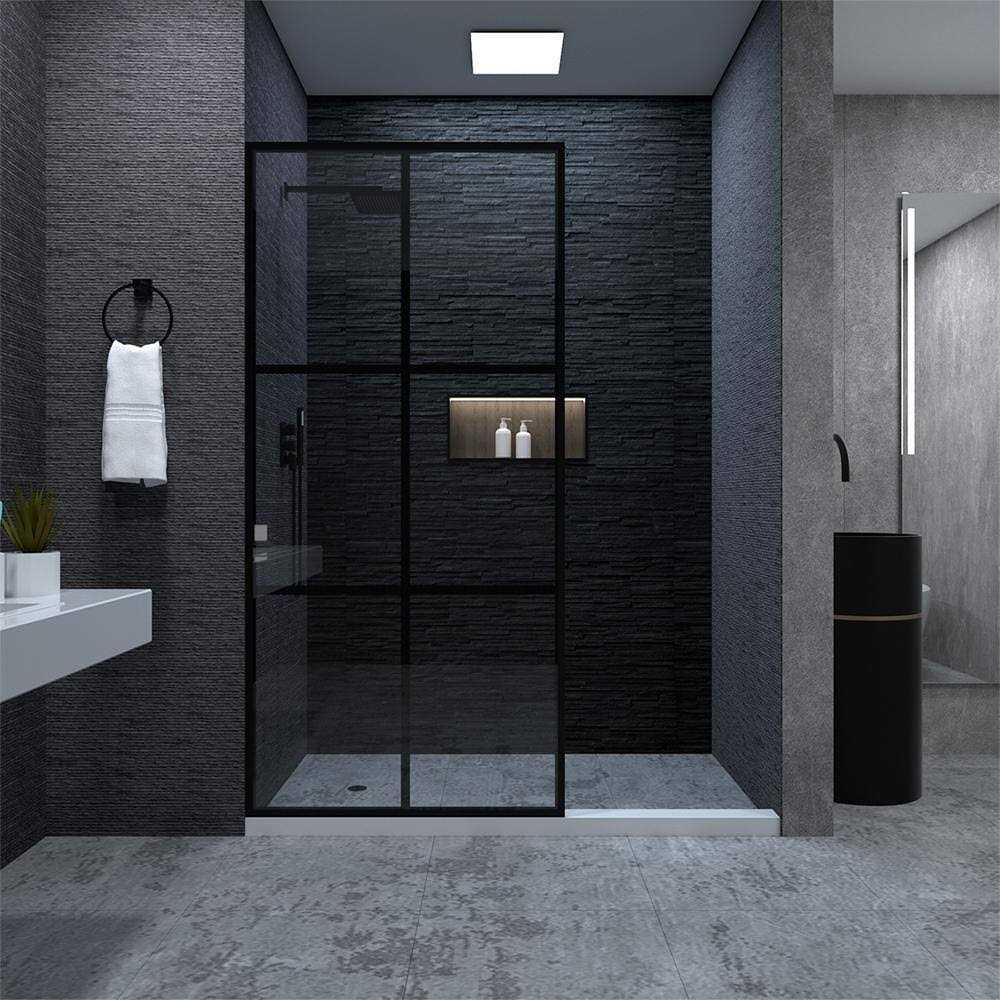 niveal Citron 34 in. W x 72 in. H Fixed Framed Shower Door in Matte Black Finish with Patterned Glass - Cheap Fitting