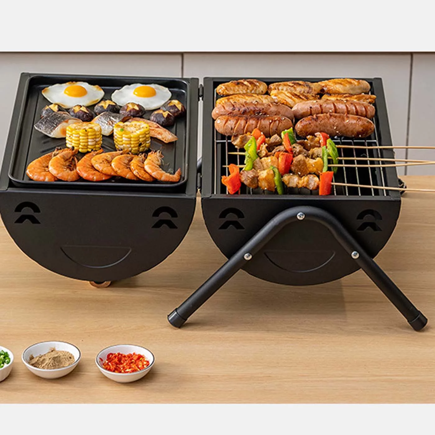 PAKROMAN Portable Tabletop Charcoal BBQ Grill Double Baffle Cast Iron Grill Outdoor Grill Black - Cheap Fitting