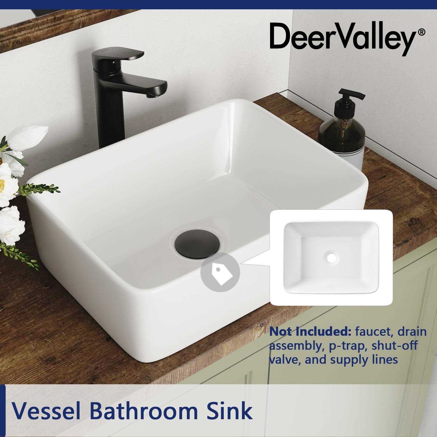Deervalley DV-1V0048 Liberty 12 White Ceramic Rectangular Vessel Bathroom Sink - Cheap Fitting