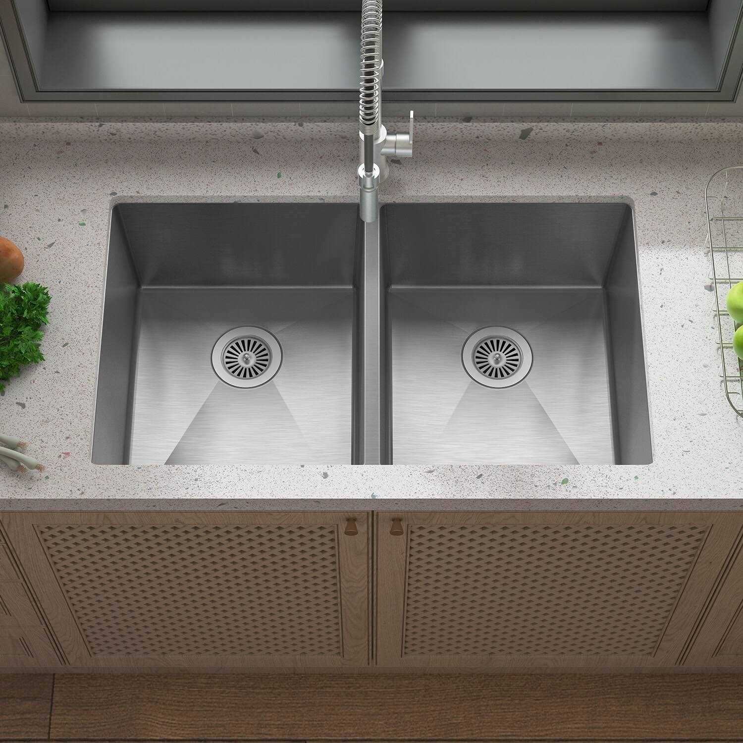 Sinber 32 in. Undermount Double Bowl 18 Gauge Black 304 Stainless Steel Kitchen Sink - Cheap Fitting