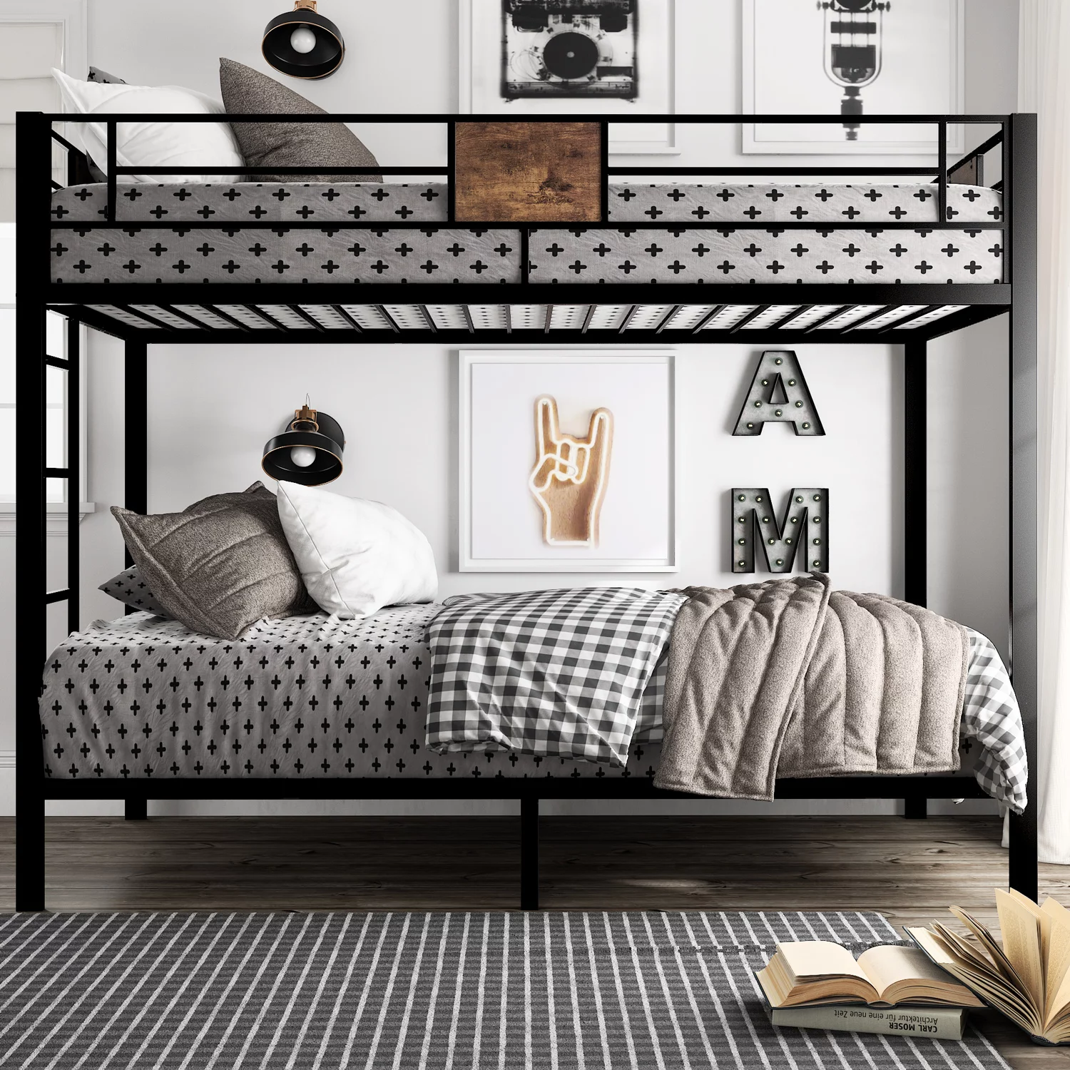 Amolife Metal Twin Over Twin Size Bunk Bed Frame with Stairs & Full-Length Guardrail, Black - Cheap Fitting