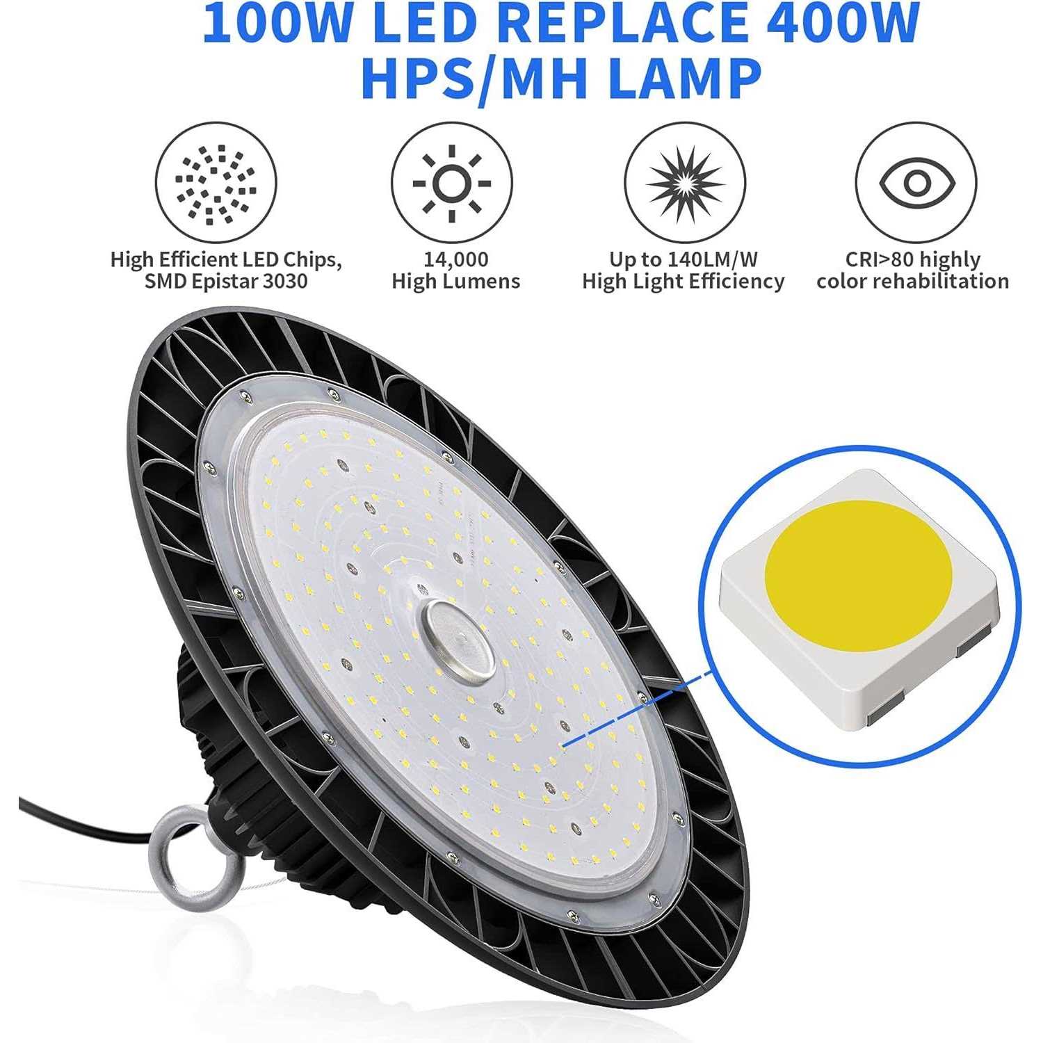 Hugtek UFO LED High Bay Light 100W 14000 LM with US Plug 5ft Cable - Cheap Fitting