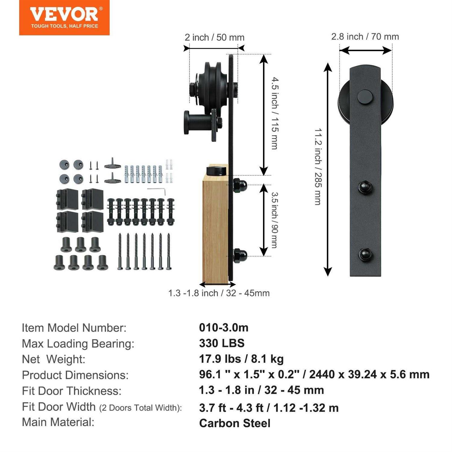 Sliding Barn Door Hardware Kit, VEVOR 8FT 330LBS Heavy Duty Barn Door Track Kit for Double Doors, Fit 3.7-4.3FT Total Wide and 1.3-1.8 Thick 2 - Cheap Fitting
