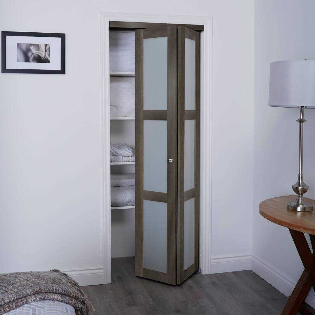 TRUporte 30 in. x 80.5 in. 3-Lite Frosted Glass Solid MDF Core Iron Age Finished MDF Bi-Fold Closet Door - Cheap Fitting