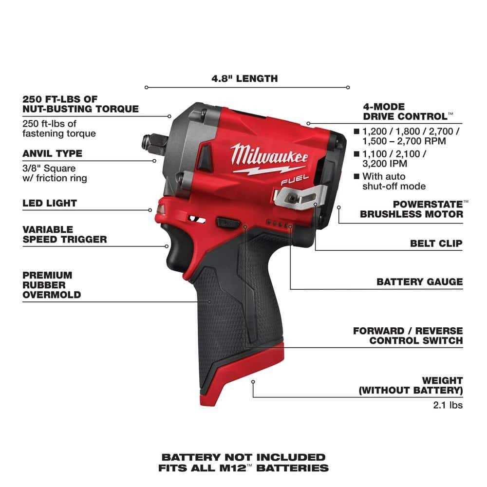 Milwaukee M12 FUEL 12-Volt Lithium-Ion Brushless Cordless Stubby 3/8 in. Impact Wrench w/4.0 Ah Starter Kit - Cheap Fitting