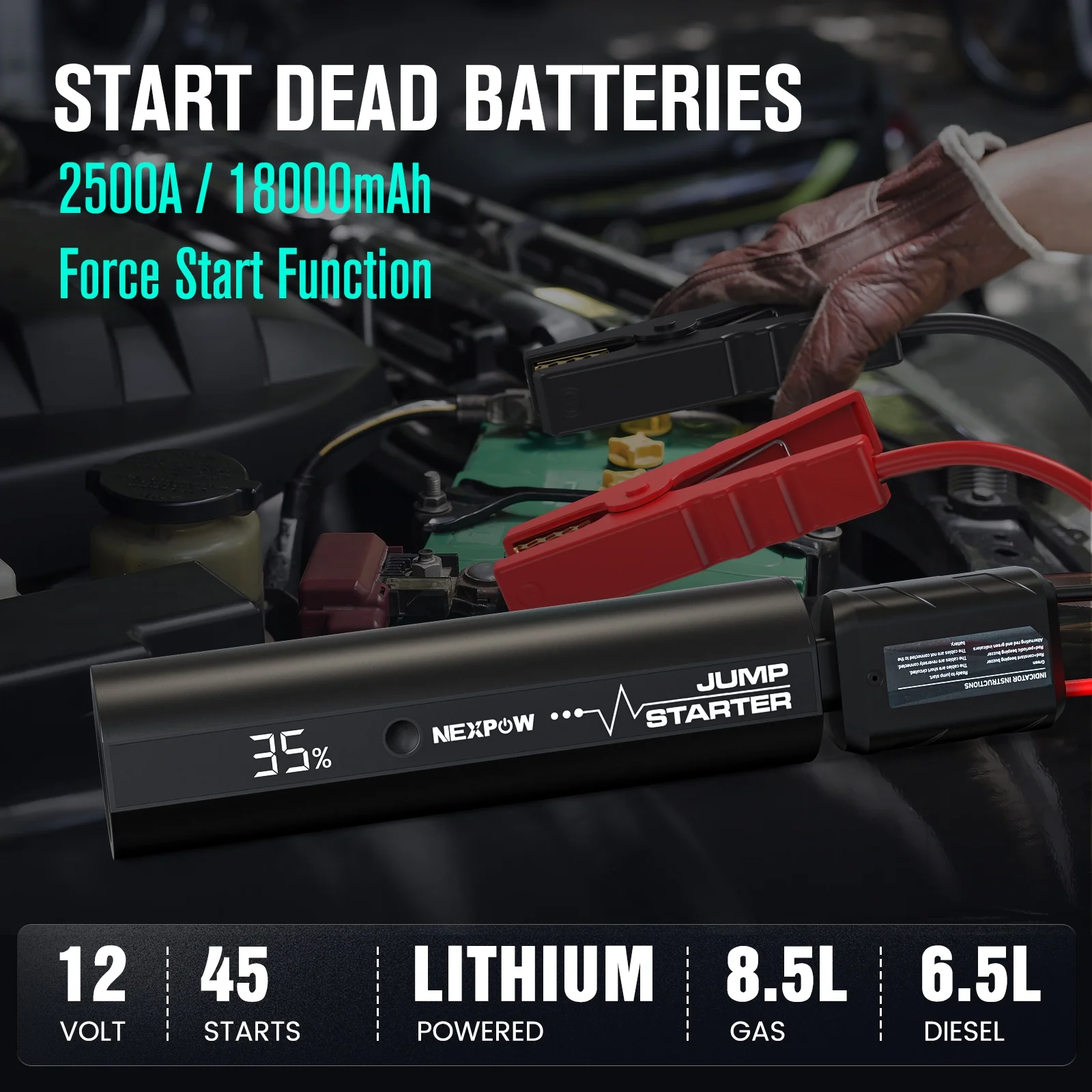 NEXPOW Car Jump Starter with LED Flashlight, 2500A Peak 18000mAh Battery Jump Starter (up to 8.5L Gas and 6.5L Diesel Engine), 1500 Lumen Flashlight and 12V Jump Box - Cheap Fitting