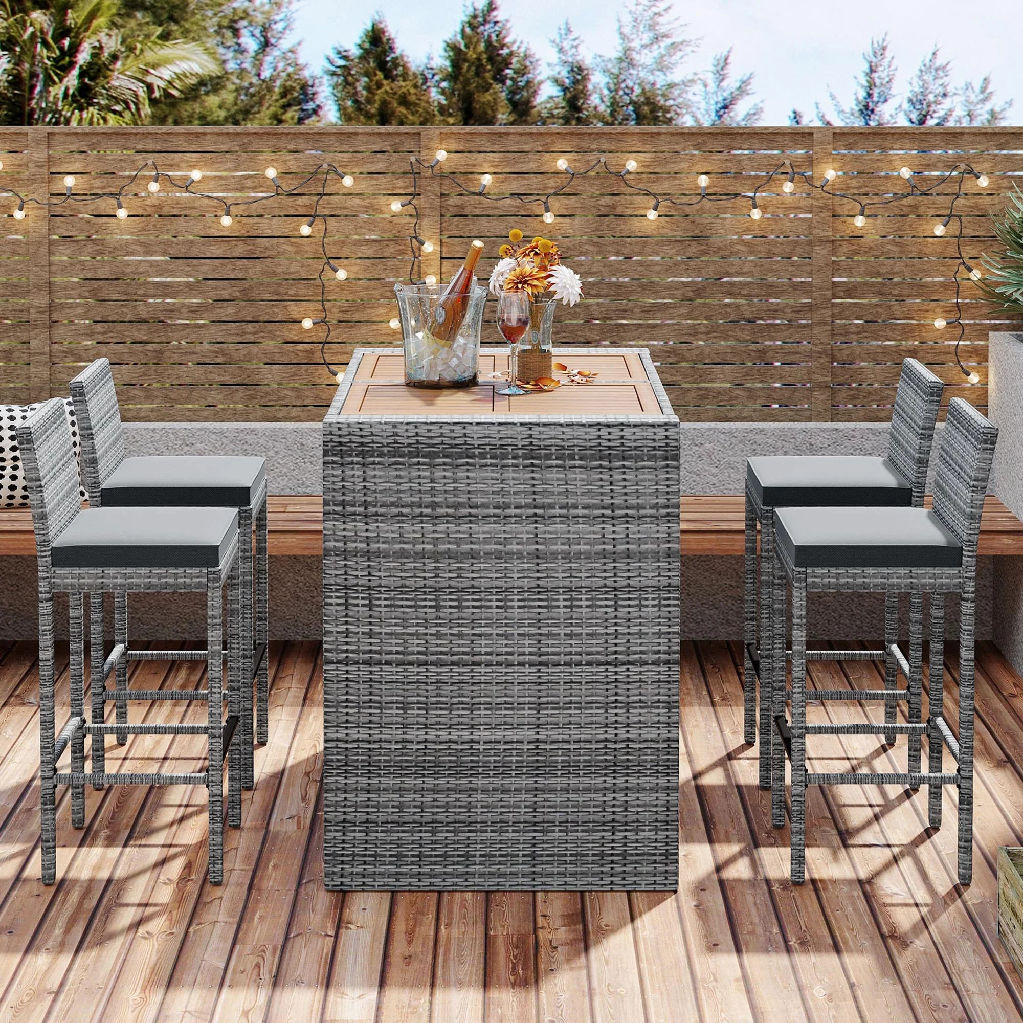 SESSLIFE 5 Piece Outdoor Rattan Dining Set with Storage Shelf, Patio Bar Table and 4 Stools Set, Modern Gray Wicker Outdoor Furniture Sets - Cheap Fitting